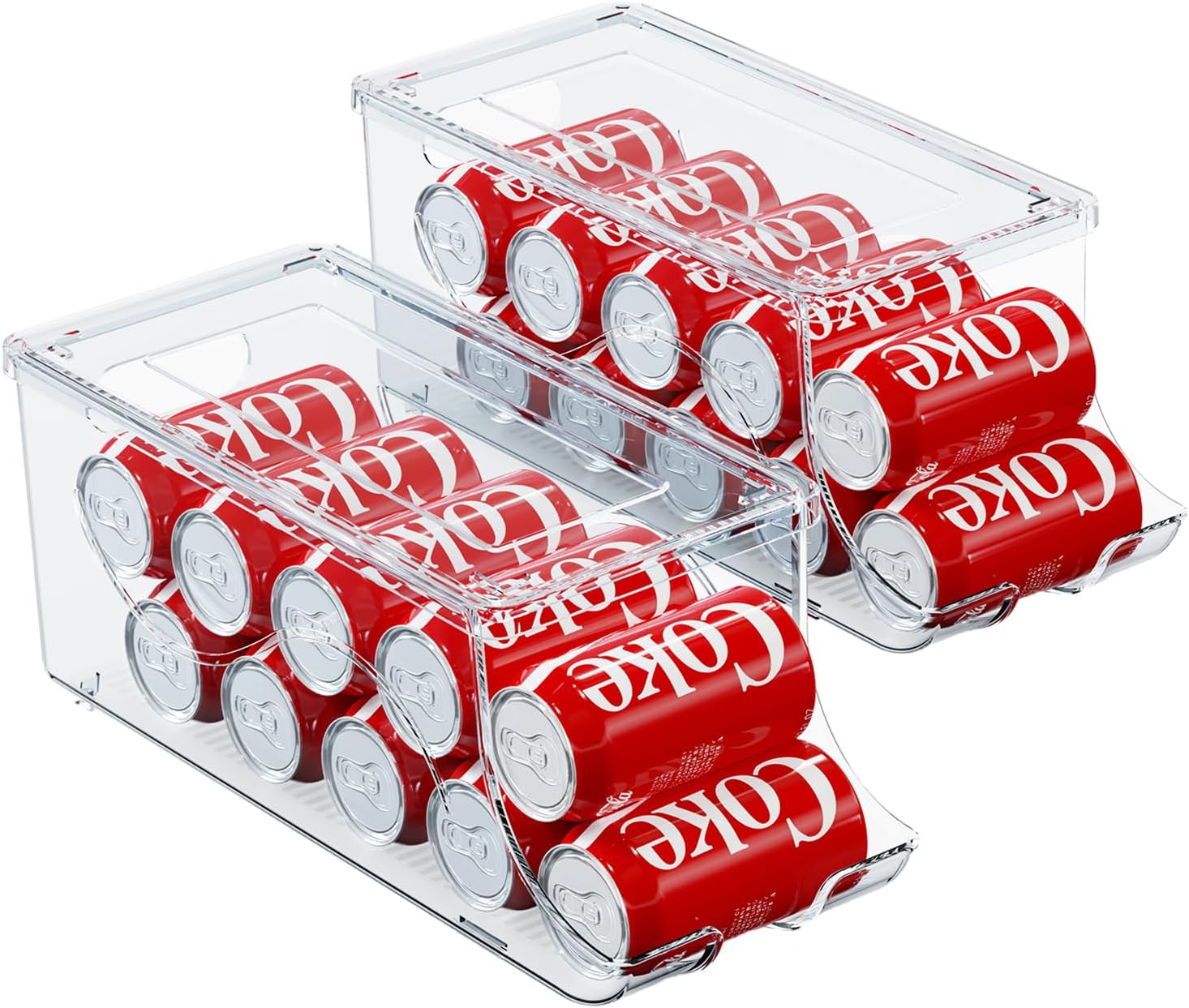 Paquete de 2 organizadores apilables para refrigerador, dispensador de latas de refrescos, contenedor de bebidas con tapa para refrigerador,