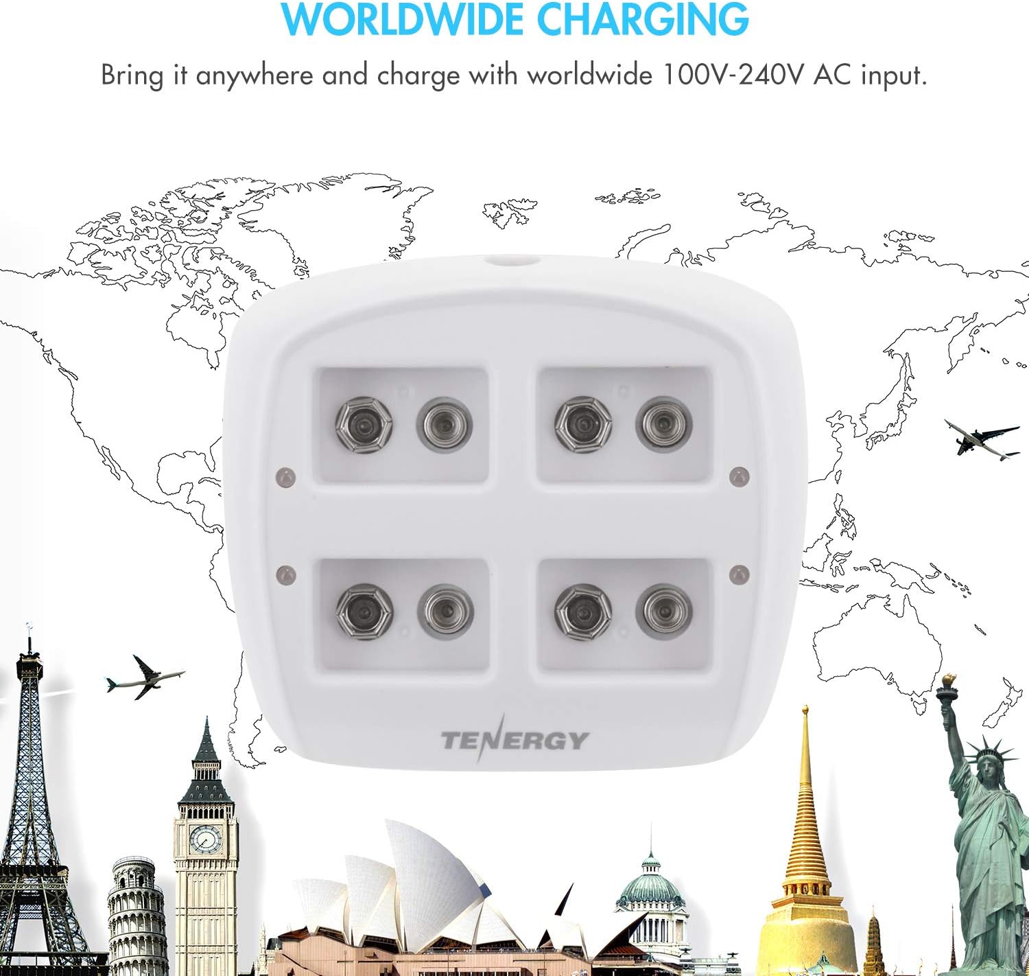 Tenergy TN136 9V Cargador de batería 4 ranuras con 200mAh Centura (LSD) 4 unids NiMH baterías recargables 9V para sistema de alarma detector de humo