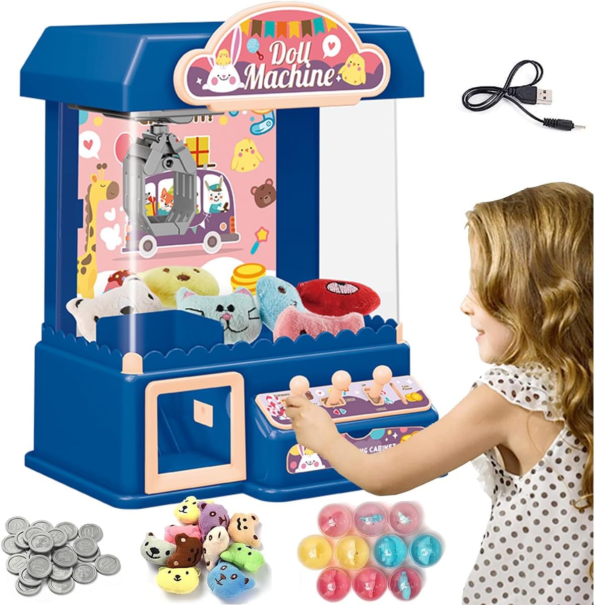 Mini Claw Machine Toys for Kids, Candy Grabber & Prize Dispenser Vending Machine with Music & Light, 60 Seconds Countdown, 2 Power Supply Modes, for