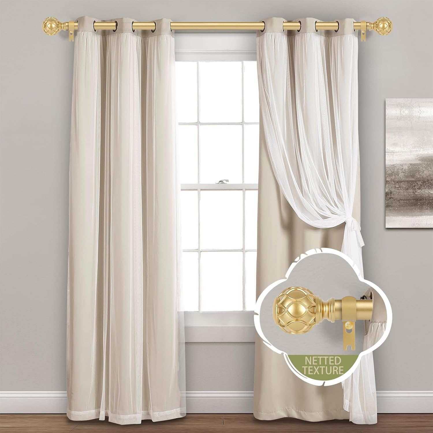 Cortineros dorados para ventanas de 48 a 84 pulgadas (4-7 pies), ajustable de 1 pulgada, resistentes, con remates de textura de red, de una sola