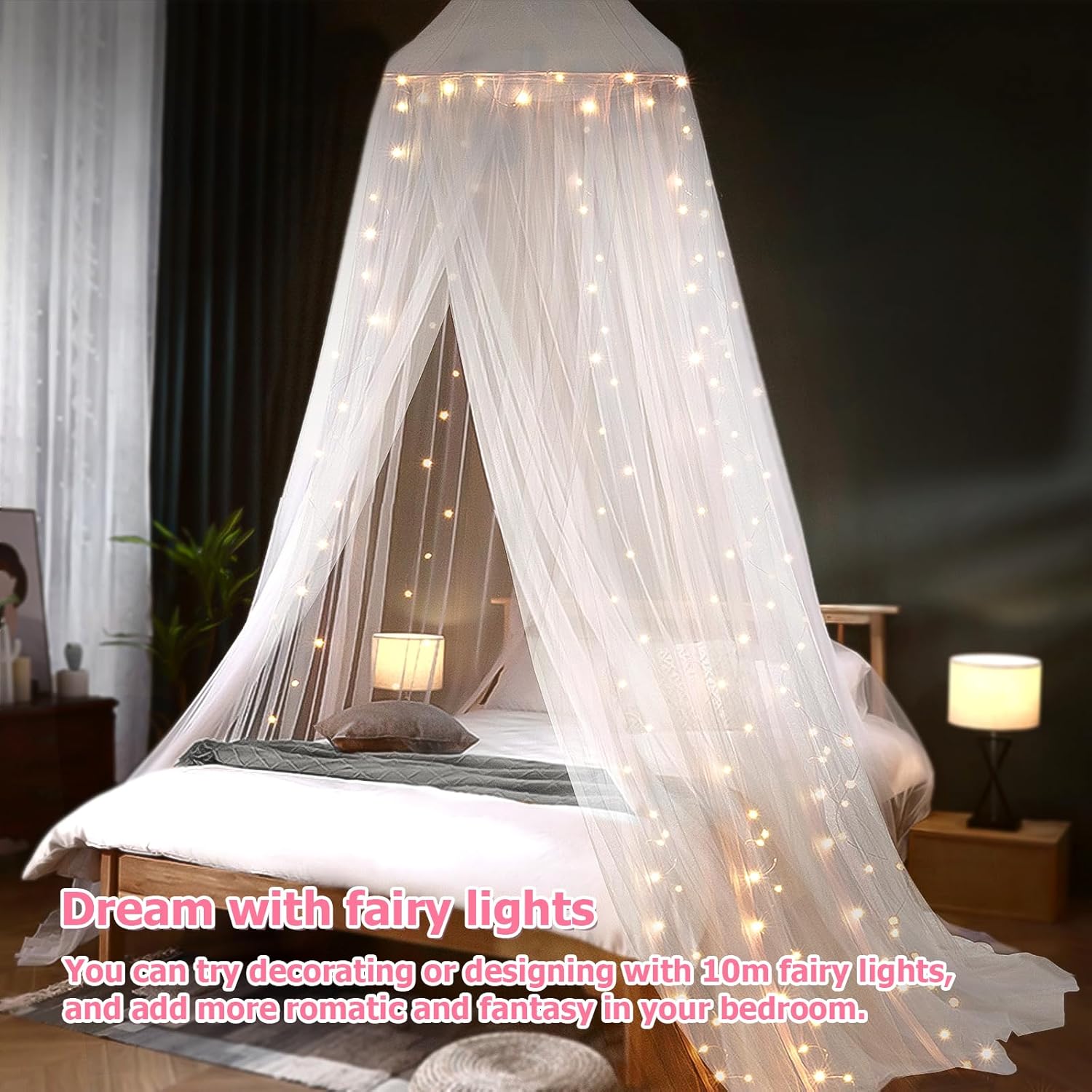 Toldo de cama con luces, toldo de cama para niñas princesa con estrellas luminosas, cortinas de cama para cama de tamaño individual a King,