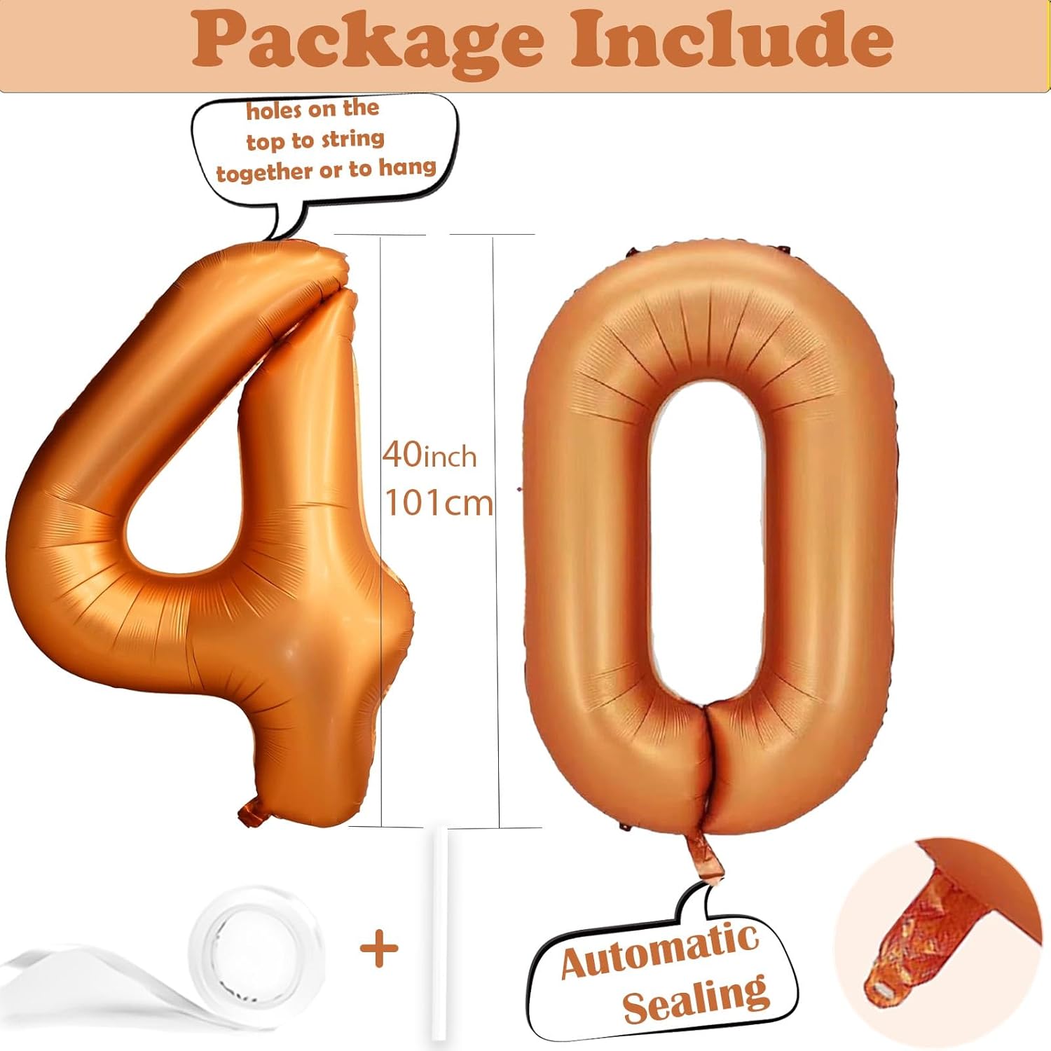 Globo de 40 pulgadas de Mylar de aluminio naranja con el número 40  Decoraciones de cumpleaños 40 para niñas y niños  Globo de cumpleaños 40 para