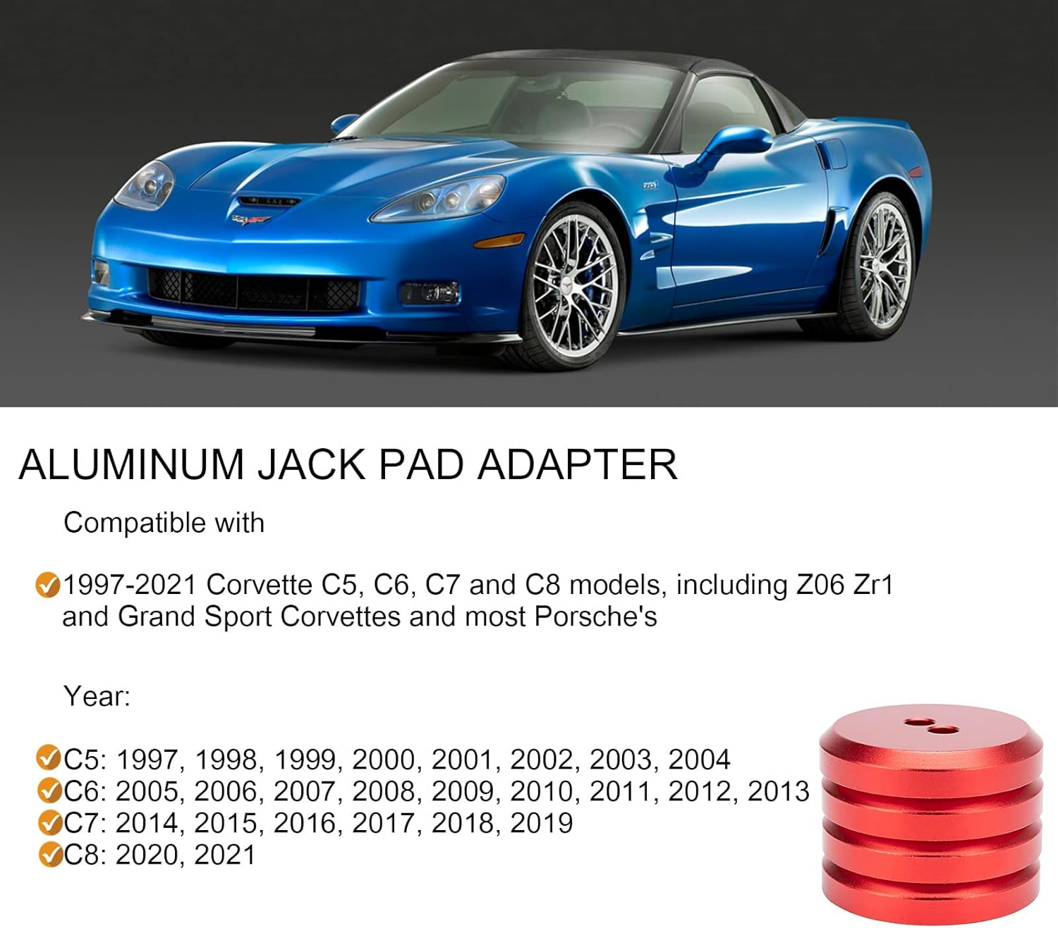 Adaptador de almohadilla de aluminio, compatible con Chevy Corvette C5 C6 C7 C8 y la mayoría de Porsche Boxster Cayman Cayenne – Disco de elevación
