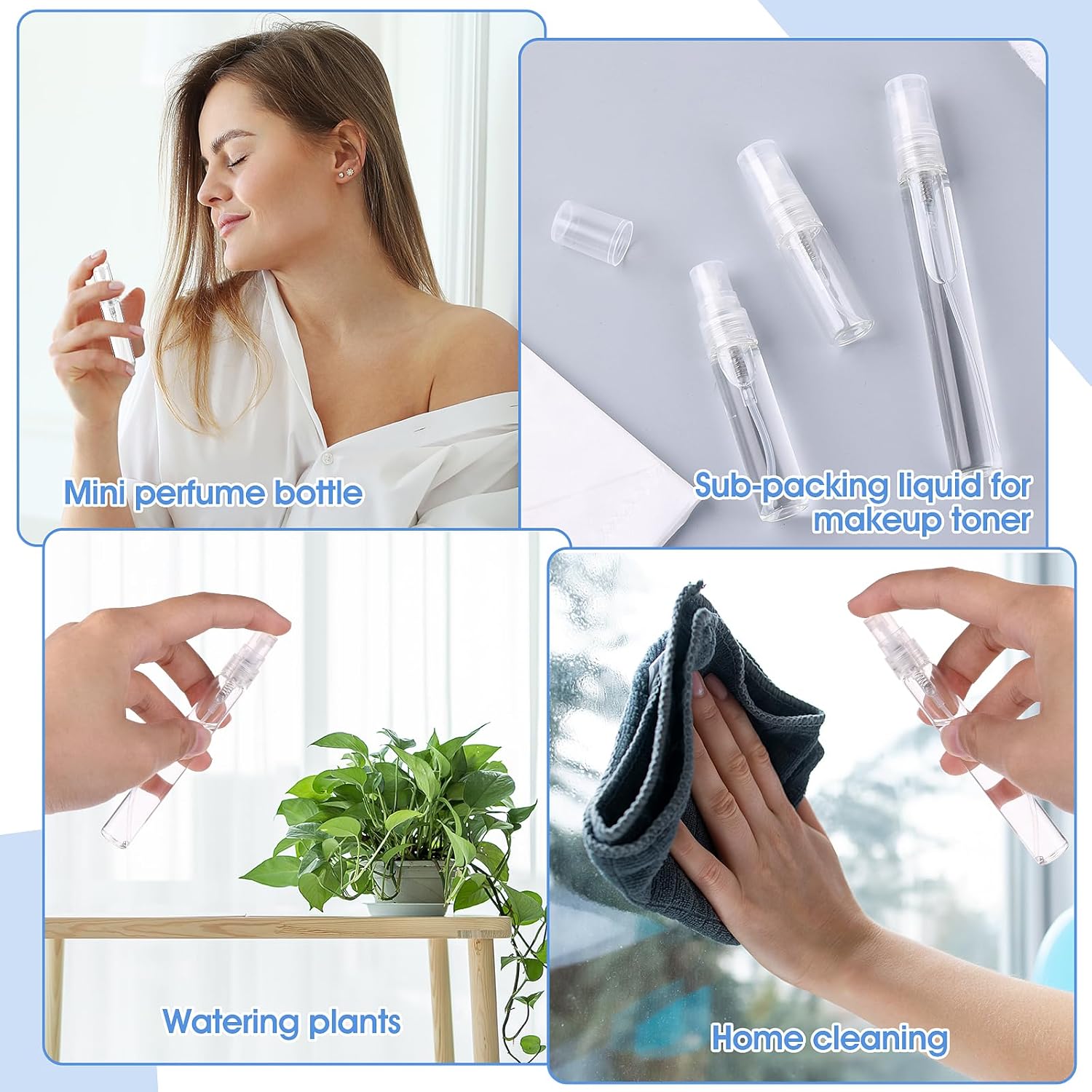 Paquete de 15 mini botellas de aerosol, botellas de plástico de niebla fina de 0.1 fl oz0.2 fl oz0.3 fl oz, botella atomizadora recargable para