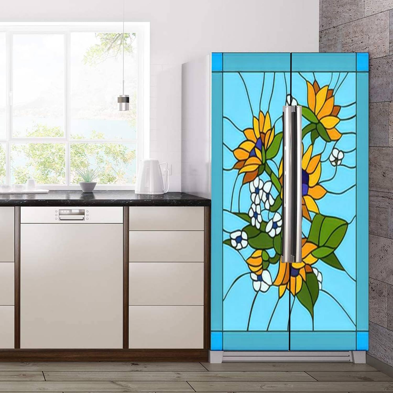 Juego de envoltorios de vinilo autoadhesivos para refrigerador, flores, girasoles, capullos de vitral, ventana, puerta, mural, extraíble, para