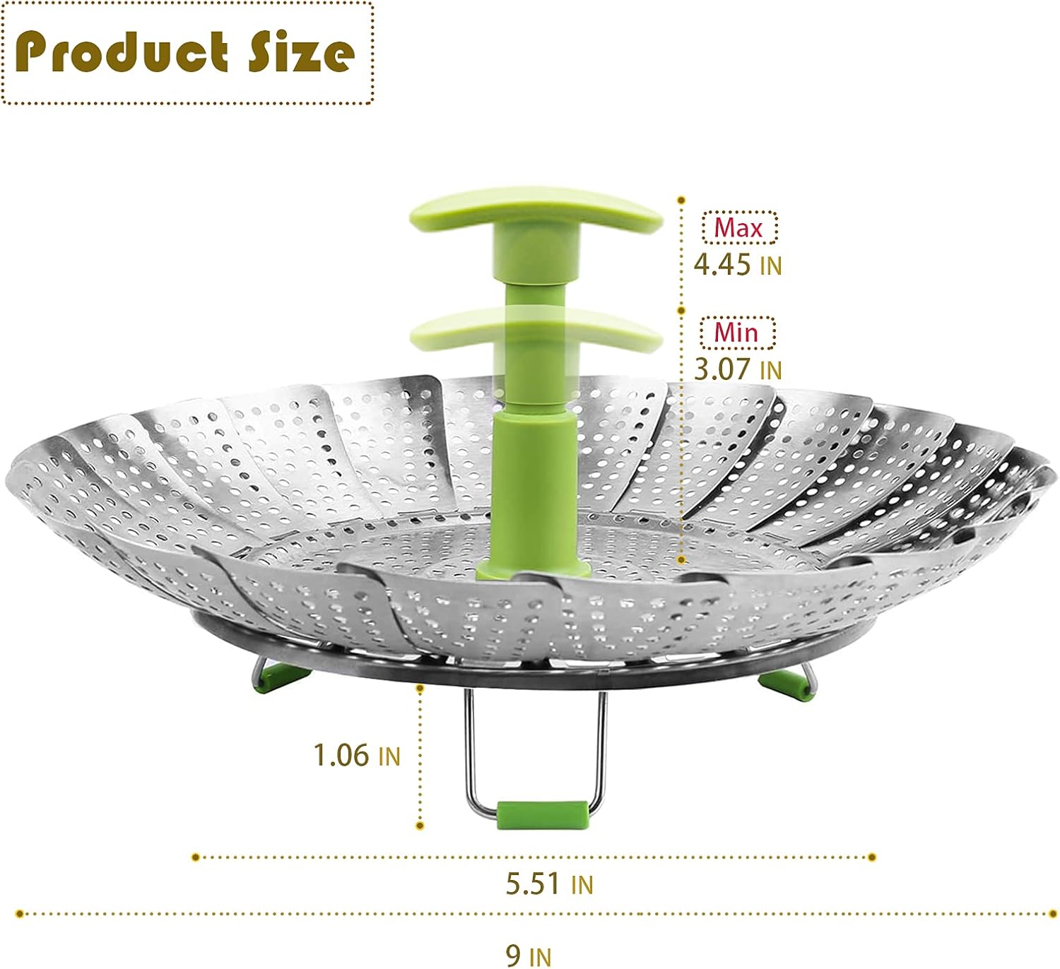Cesta de vapor, olla de vapor plegable de acero inoxidable para cocinar al vapor (5.1 a 9 pulgadas)