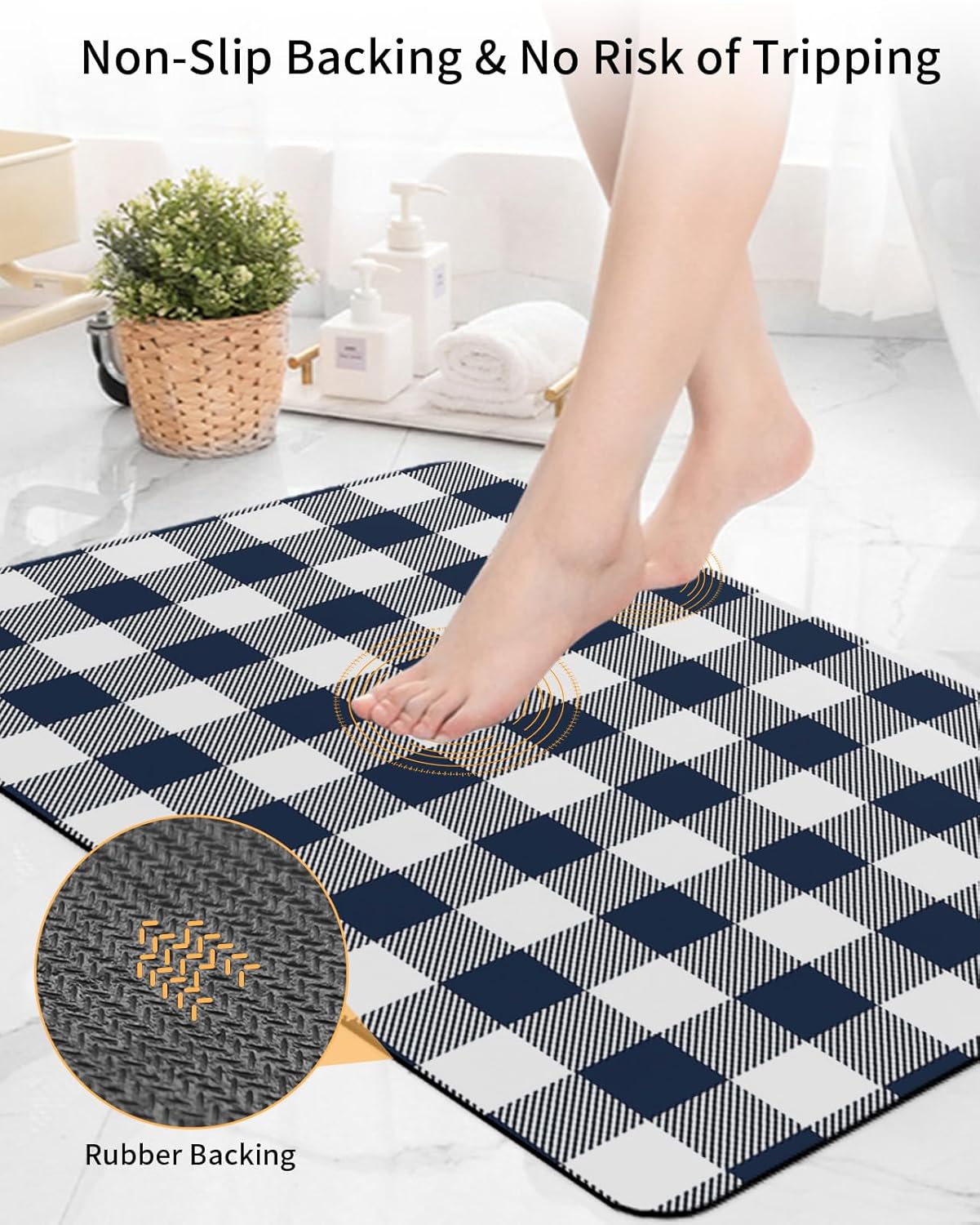 Bathroom Mat, Country Rural Style Navy Blue and White Buffalo Check Gingham Bath Rugs Absorbent Bathroom Floor Mats Non Slip Low Profile Quick Dry