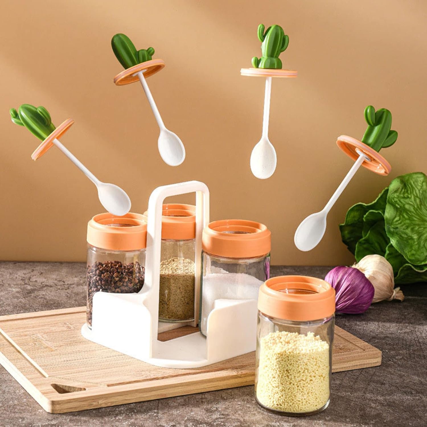 Tarros de especias con cucharas, bonitos tarros de especias de vidrio, juego de caja de condimentos de cocina, recipiente pequeño para polvo con
