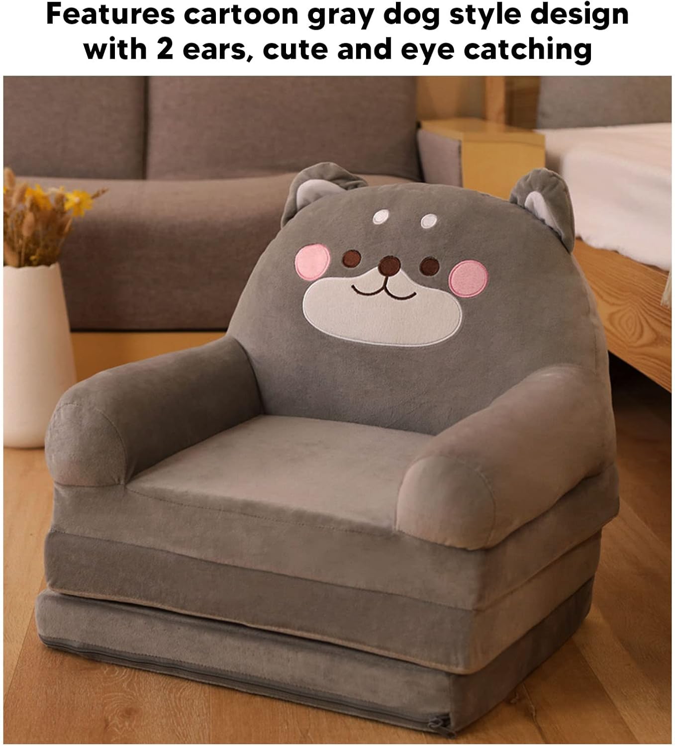 PenRux Sofá plegable para niños, diseño de perro gris de dibujos animados, material suave, asa ancha, fácil de usar, sofá cama para niños y niñas (3