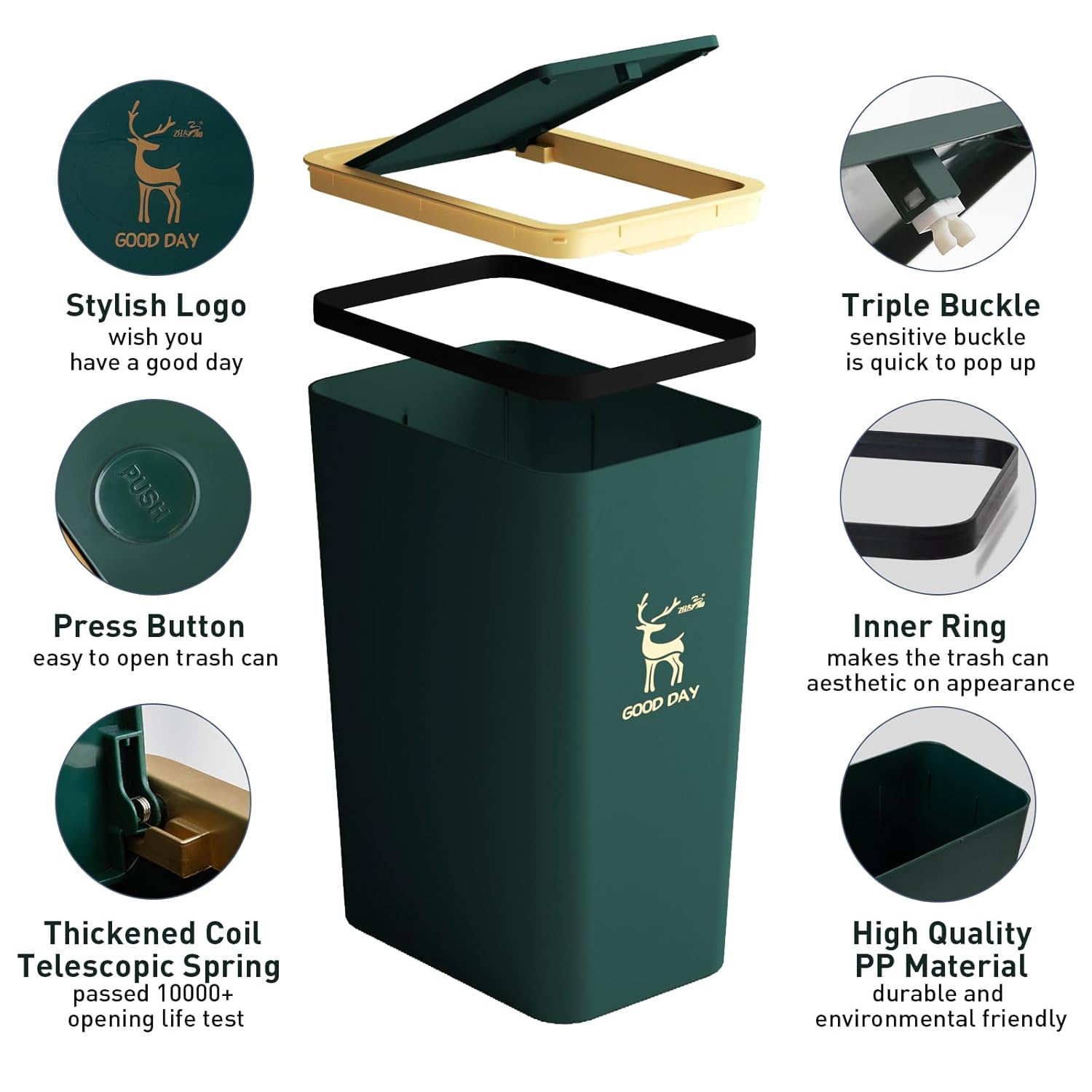 Bathroom Trash Can with Lid(4 Gallon+2.6 Gallon), Small Kitchen Garbage Can with Press Top, Modern Office Waste Basket Dog Proof, Plastic Slim