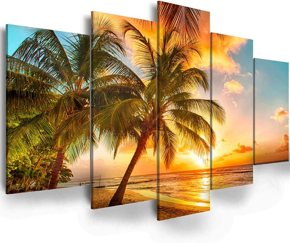 Póster de paisaje marino dorado, arte de pared de playa y océano, obra de arte acogedora de mar, puesta de sol y mar, playa, lienzo, pinturas sobre