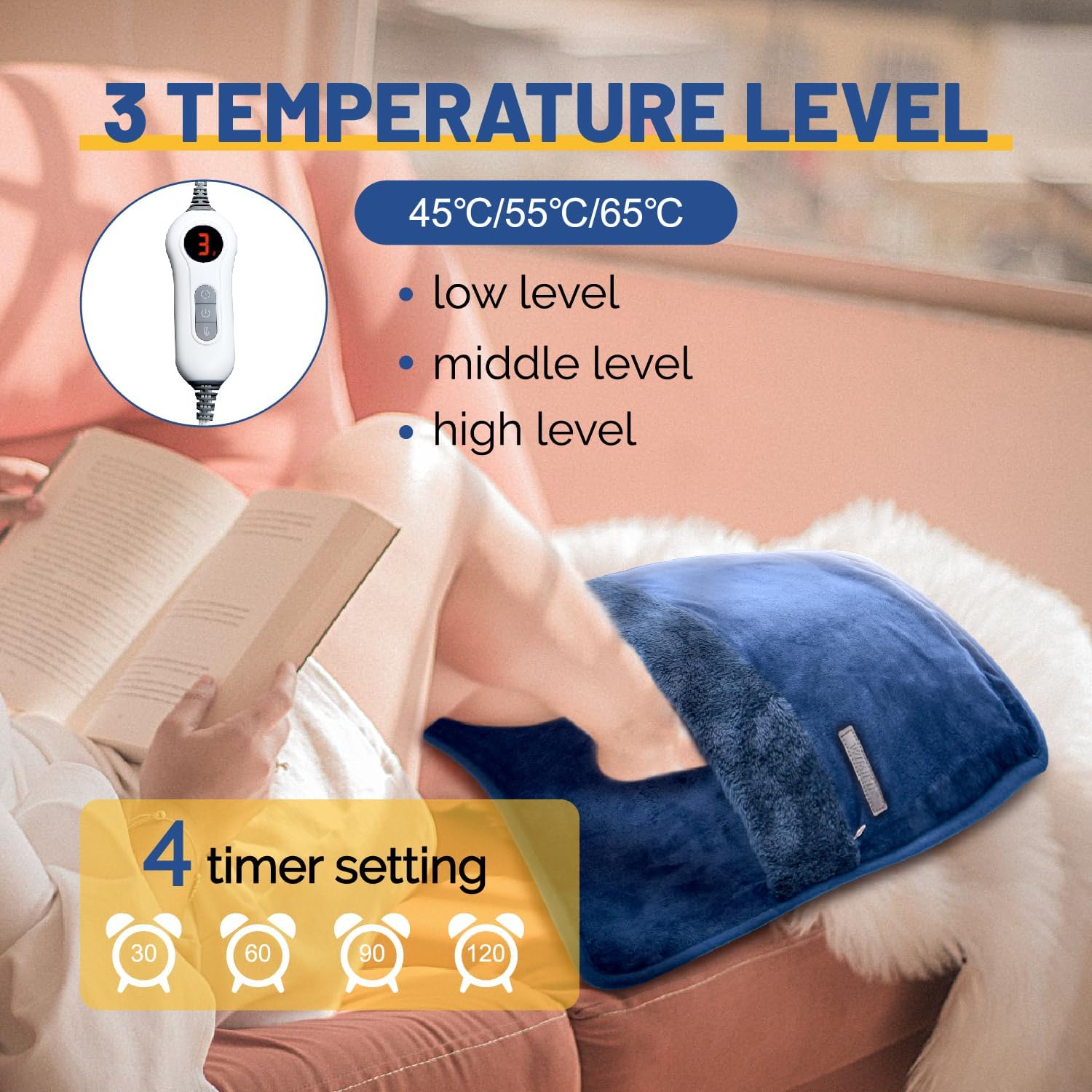 Calentador eléctrico de pies con calefacción de doble cara, almohadilla térmica lavable debajo del escritorioen la cama, 20 x 20 pulgadas, ajustes