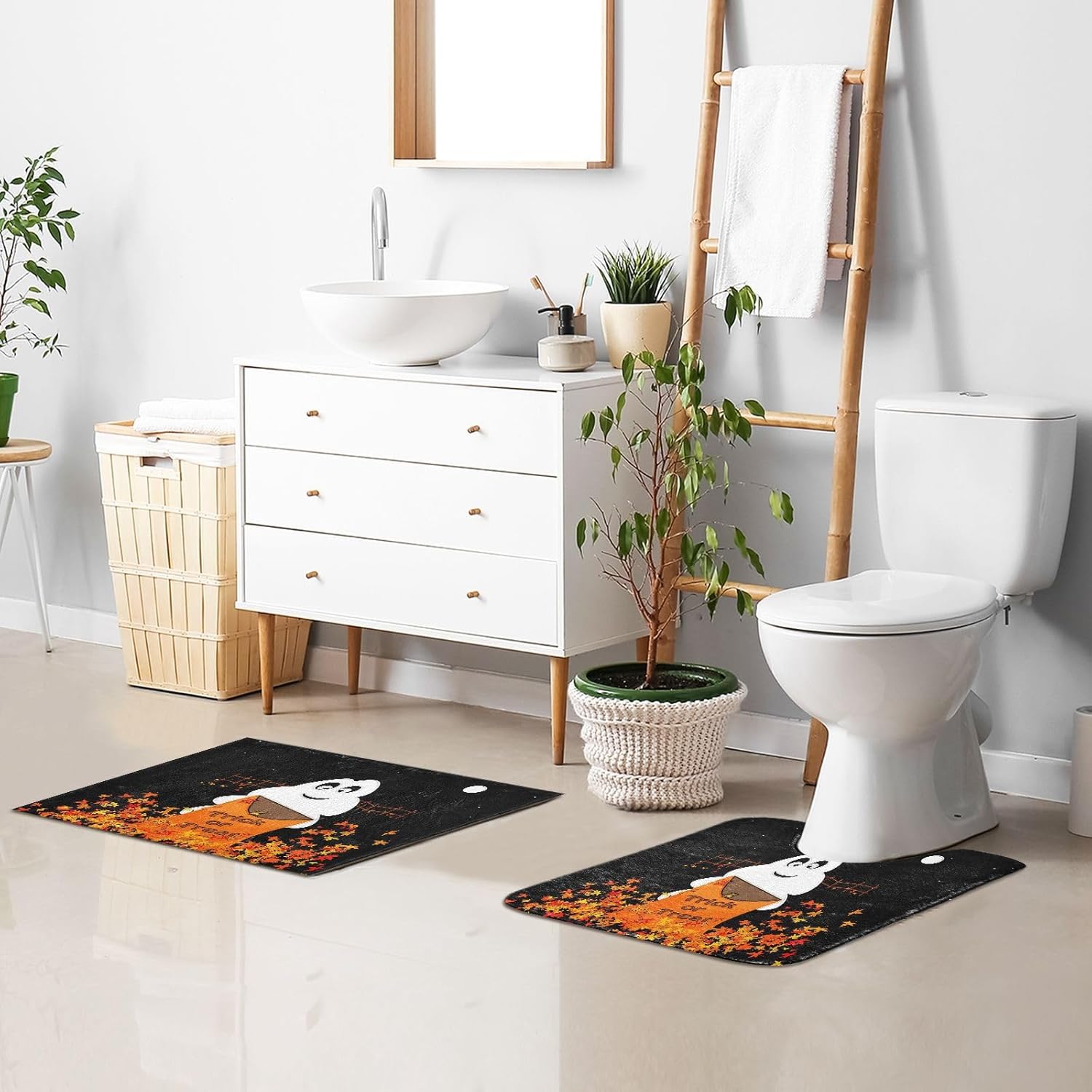 Halloween Ghost Fall Maple Bathroom Rugs Set 2 Piece Non Slip Water Absorbent Toilet Rug Fall Trick Or Treat Bath Rugs Washable Decor Area Rug Quick