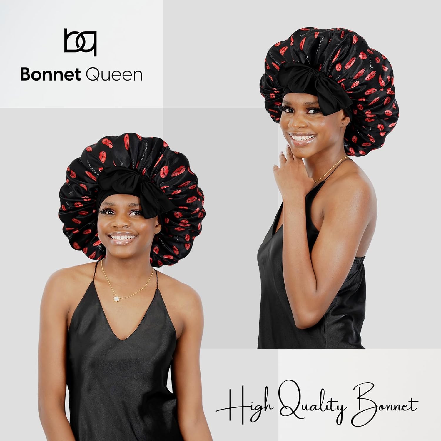 Bonnet Queen – Gorro de satén de seda ajustable para dormir, con banda de amarre ancha y elástica, envolvente, para mujeres de cabello largo, rizado