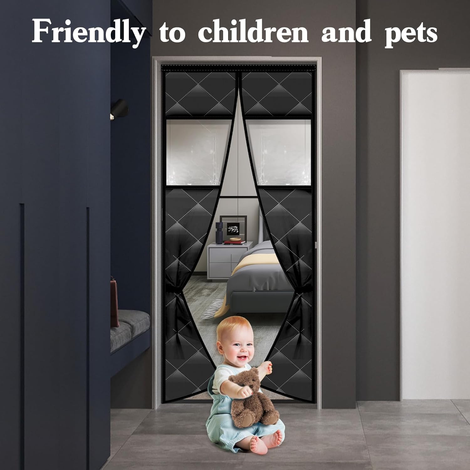 Cortina de puerta con aislamiento magnético con ventanas desmontables, relleno de fibra de poliéster, se adapta a puertas de hasta 36 x 82 pulgadas,