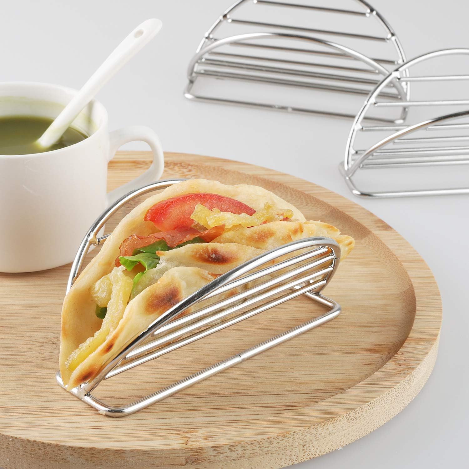YellRin Juego de 4 soportes para tacos de acero inoxidable para tacos blandos o rígidos, para burritos y tortillas