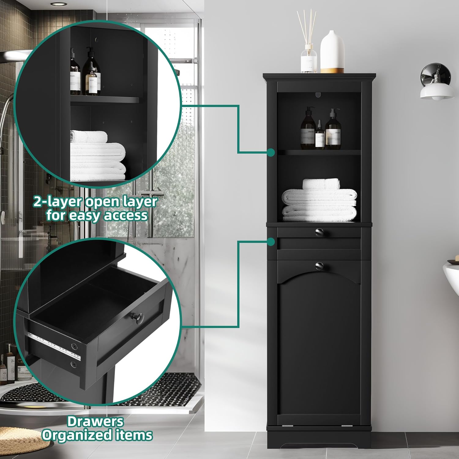YITAHOME Cesto de ropa sucia de 53 pulgadas de alto con cesta de almacenamiento oculta con cajón para el baño, estante de almacenamiento con una