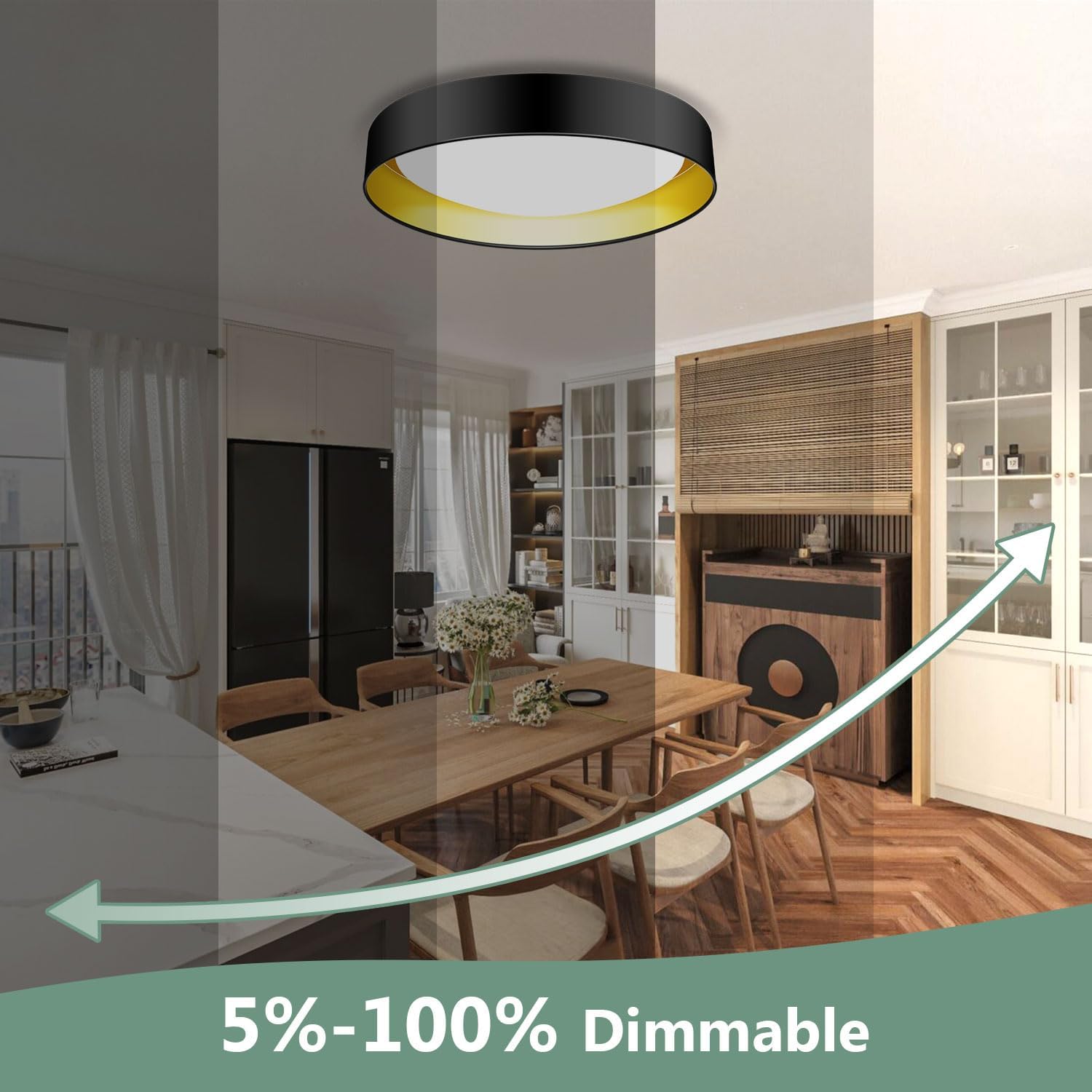 Lámpara de techo LED de montaje empotrado, 12.5 pulgadas, 30 W, equivalente a 375 W, color negro con luz de techo interior dorada regulable – 3CCT