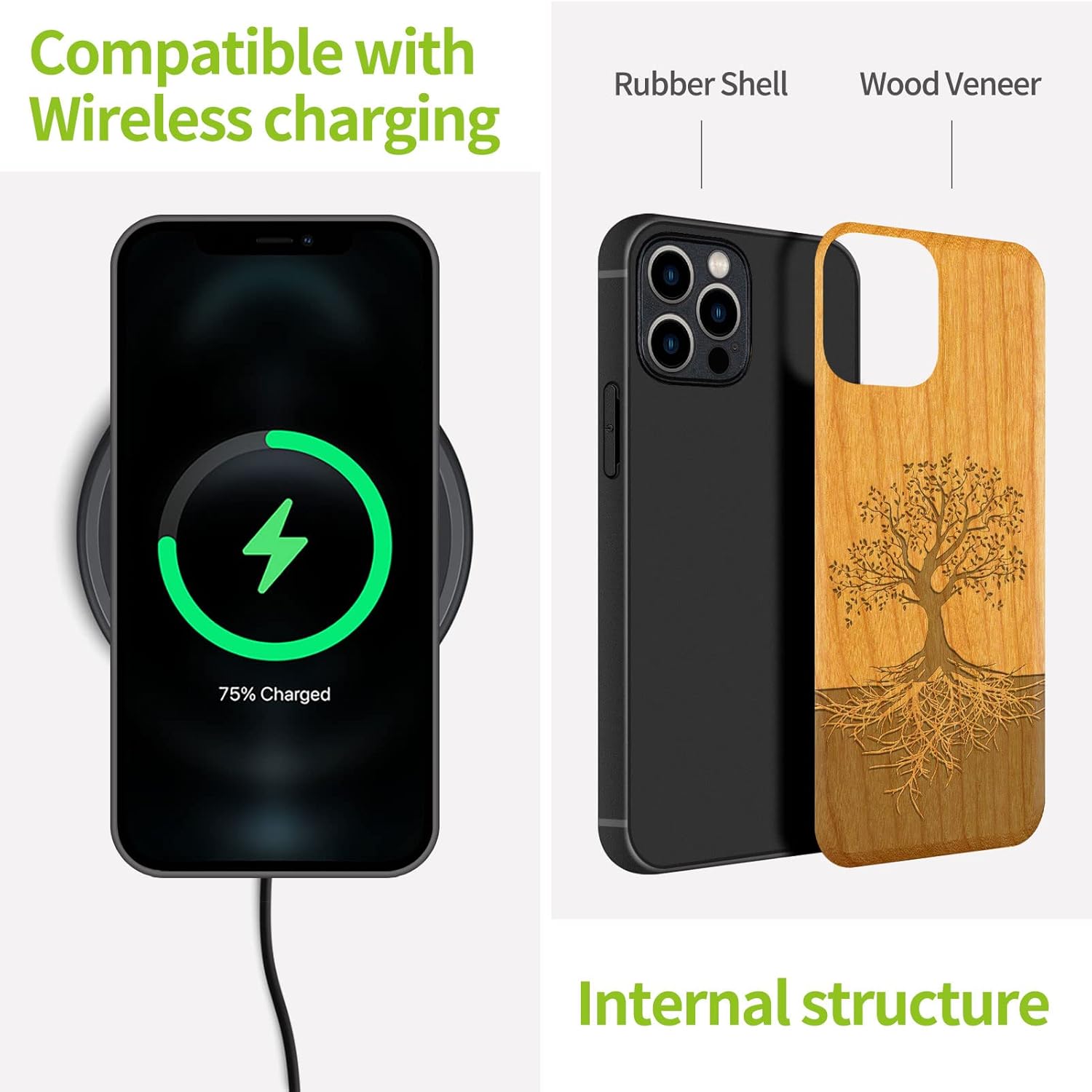 Carveit Funda magnética de madera para iPhone 12 Pro madera real dura y TPU suave negro a prueba de golpes, funda de madera única y elegante