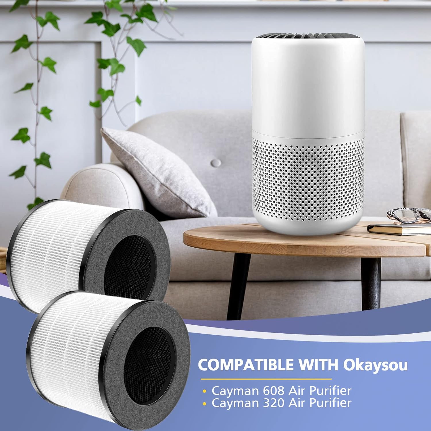 Cayman 608320 Filtro compatible con Okaysou Cayman 608320 Air Purifie-r, 3 en 1 True HEPA, carbón activado de alta eficiencia, prefiltro para Cayman