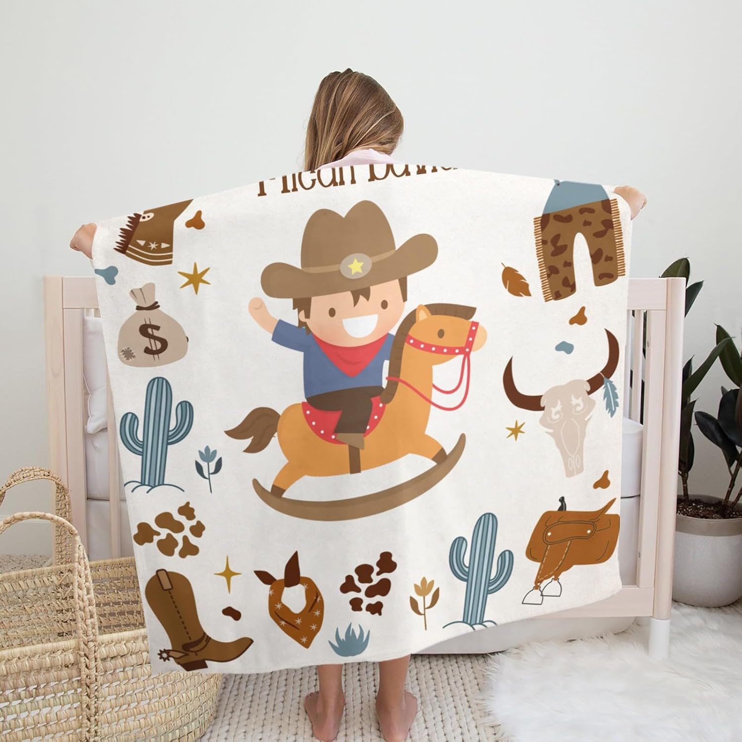 Manta personalizada de minky con lunares y caballitos vaqueros, color marrón occidental, para recién nacido, 35 x 45 pulgadas, para cumpleaños