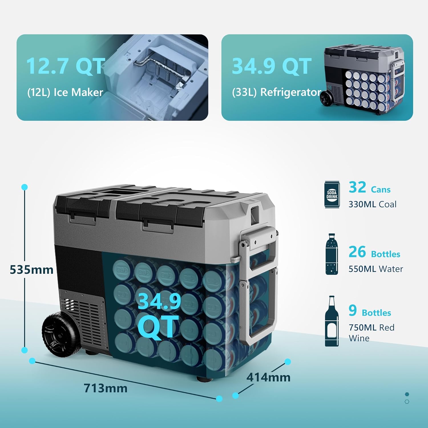 EUHOMY Refrigerador de 12 voltios con máquina de hielo  Enfriador eléctrico de 48 cuartos (45 L), batería utilizable de doble zona, control de