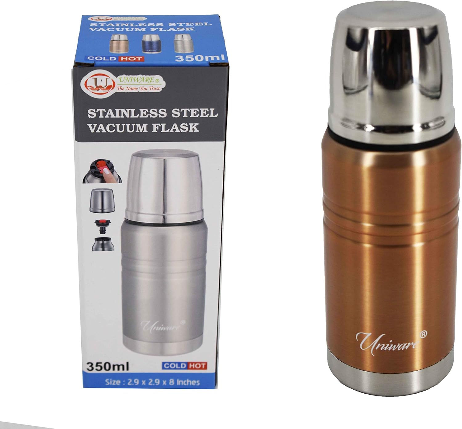 UNIWARE Gold 2464GD – Frasco de vacío de acero inoxidable (11.8 fl oz), 2.9 x 2.9 x 8.0 pulgadas