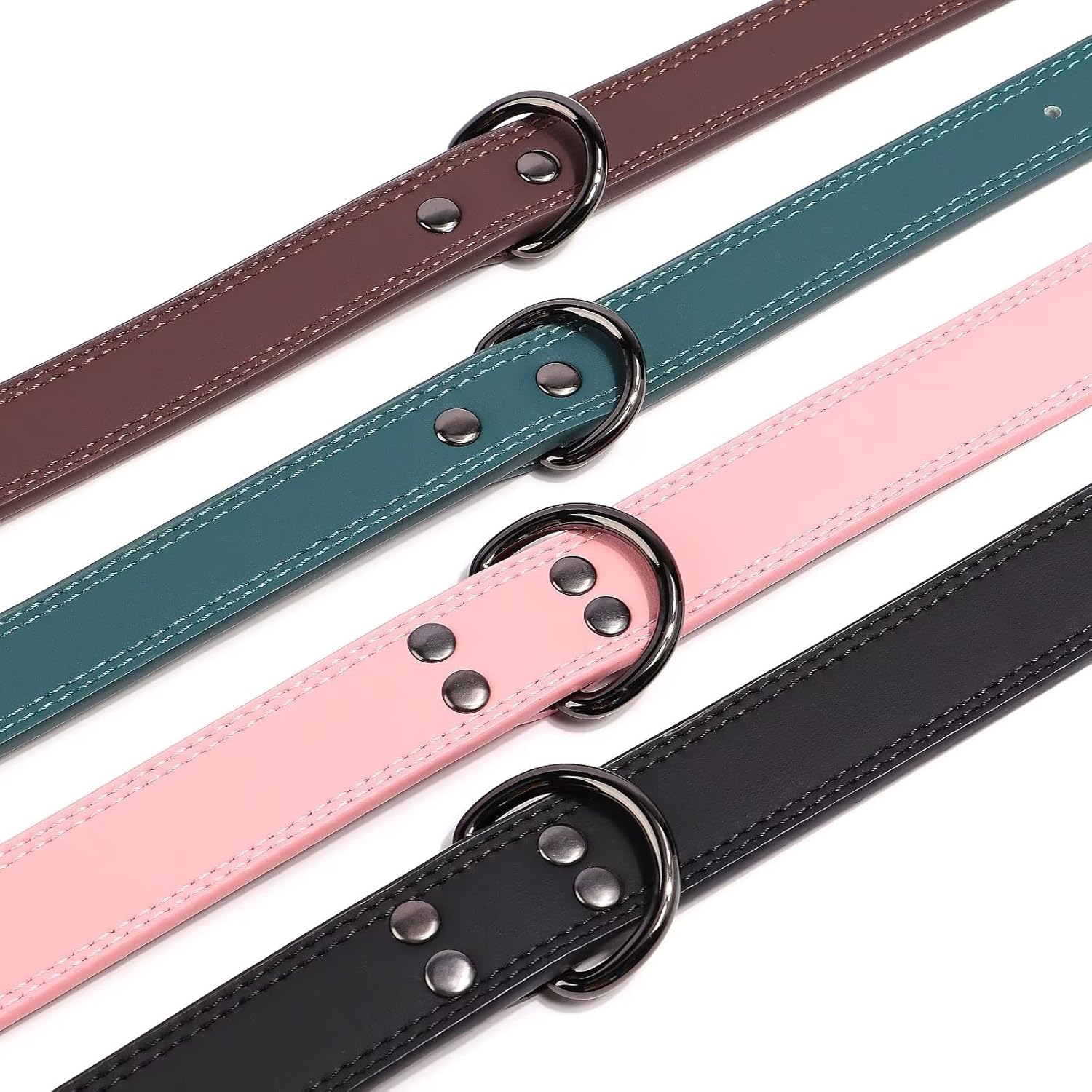 Didog Collar de perro de cuero genuino, duradero y suave, resistente con anillos dobles en D, collar de perro negro ajustable con hebilla de metal