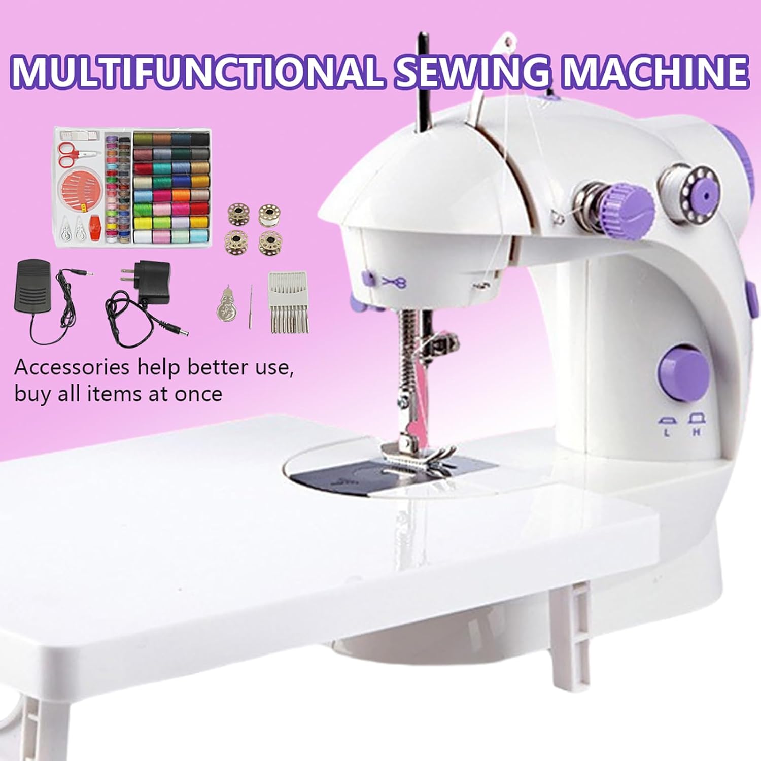 Mini máquina de coser para principiantes, kit de costura en 64 colores, máquina portátil de doble velocidad con mesa de extensión, luz, viajes, kit
