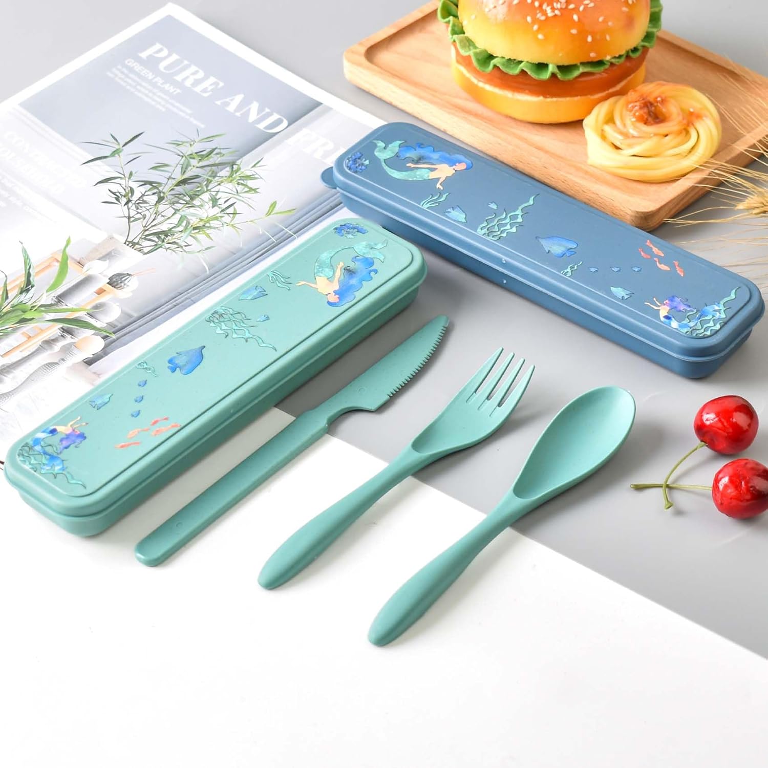 Juego de utensilios reutilizables con estuche, juego de 2 utensilios de camping, cuchara de plástico portátil, tenedores, juego de cubiertos