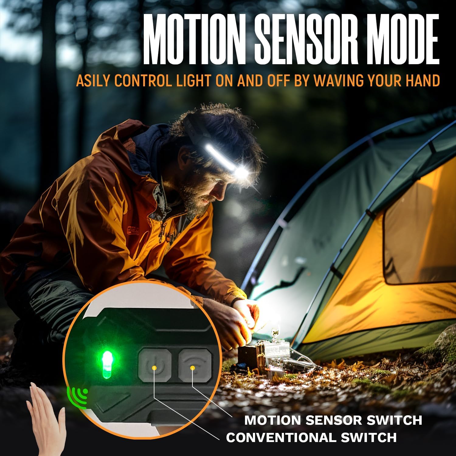 Linterna frontal recargable, 270 de haz ancho LED con sensor de movimiento para adultos, linterna de cabeza impermeable, 9 modos de iluminación,