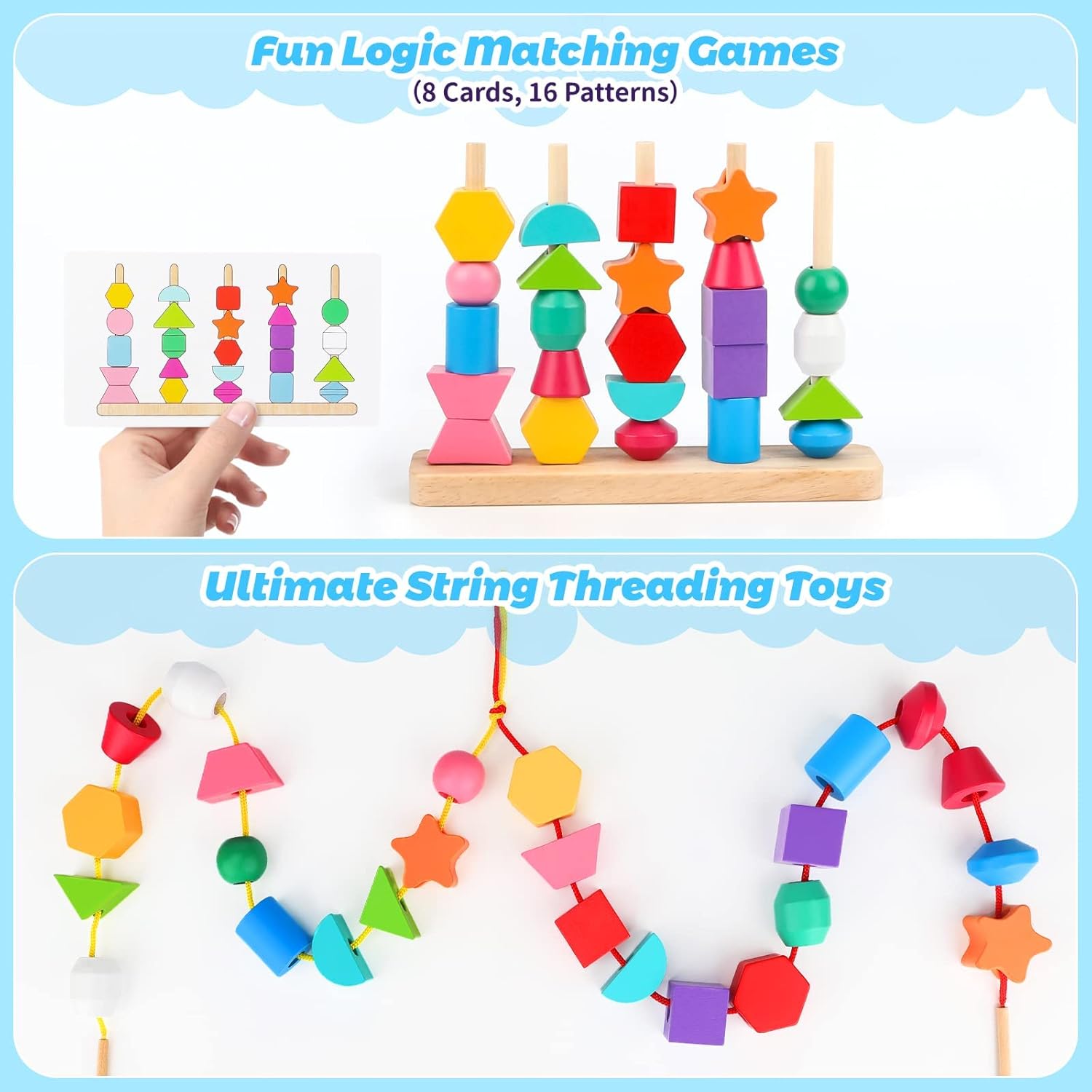Educational Montessori Toy Set – Wooden Beads Sequencing, Stacking Blocks, Lacing Beads & Shape Stacker – STEM Learning for 3 4 5 Year Olds for Kids!