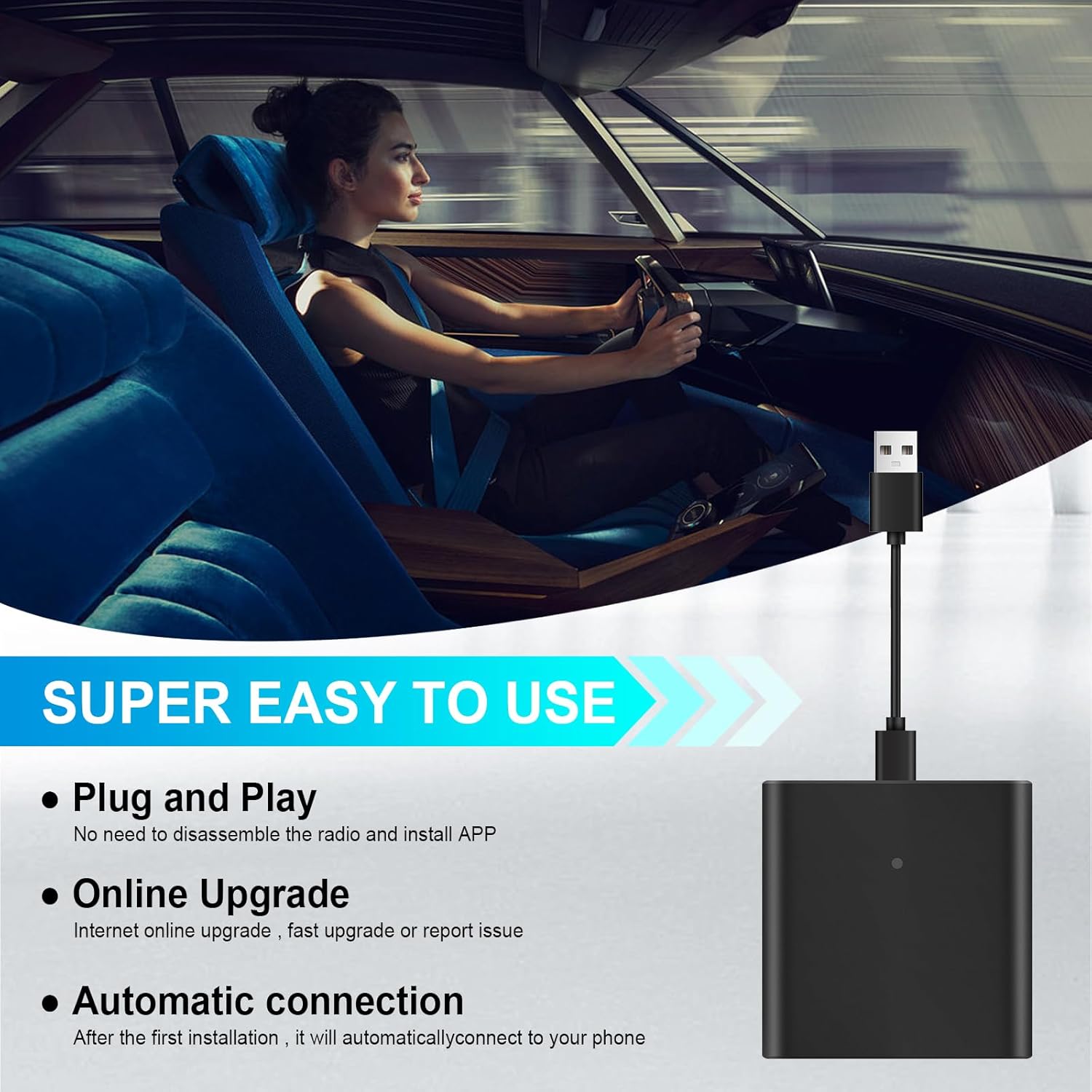 EZoneTronics OEM-Fábrica-Android-Adaptador Inalámbrico Automático,Modelos de Coche Automáticos Android con Cable Plug and Play Dos Pasos para