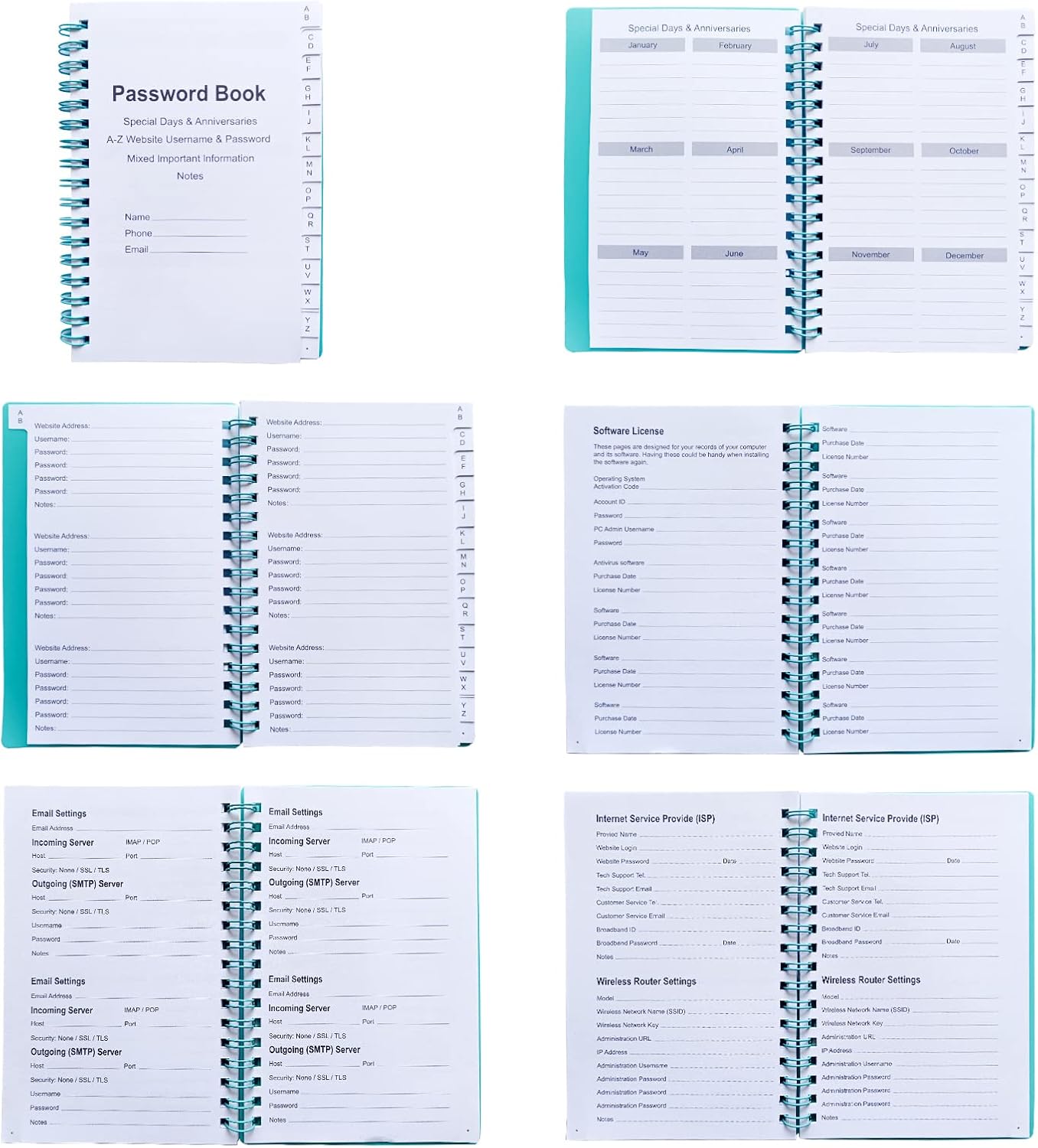 UtyTrees Libro de contraseñas con pestañas alfabéticas de la A a la Z, protector de contraseñas y cuaderno de contraseñas para el hogar u oficina,