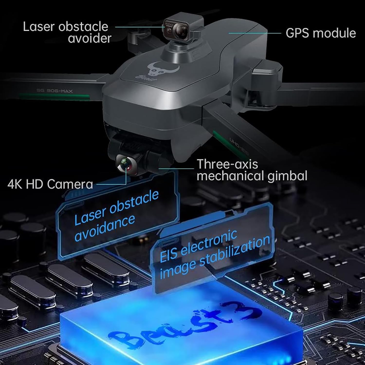 ZLL SG906 MAX1 4K Drone de control remoto con cámara, cardán de 3 ejes, evitación de obstáculos láser de 360 grados, GPS 5G WiFi FPV 1.9 mi
