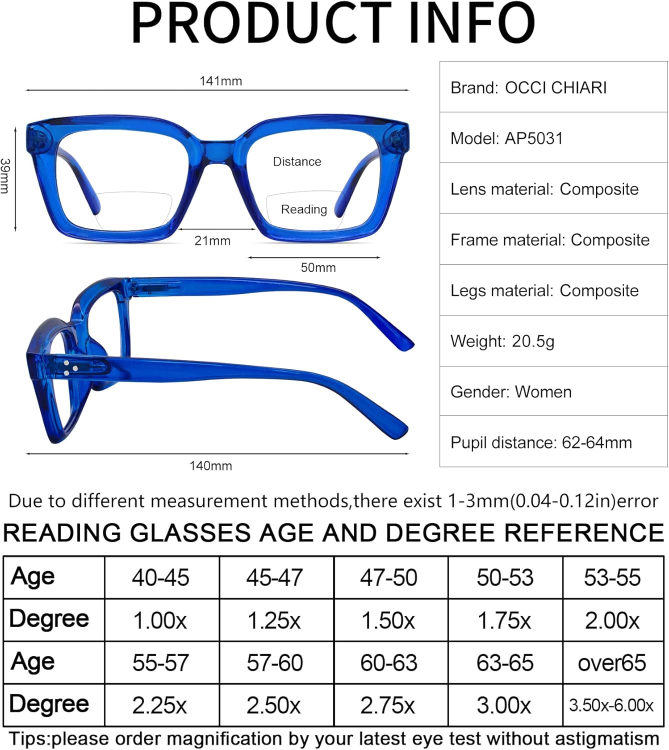 OCCI CHIARI Modernas gafas de lectura bifocales 2.5 para mujer, bloqueo de luz azul, lectura de gran tamaño, 1.0 1.5 2.0 2.5 3.0 3.5 (azul, 2.50)