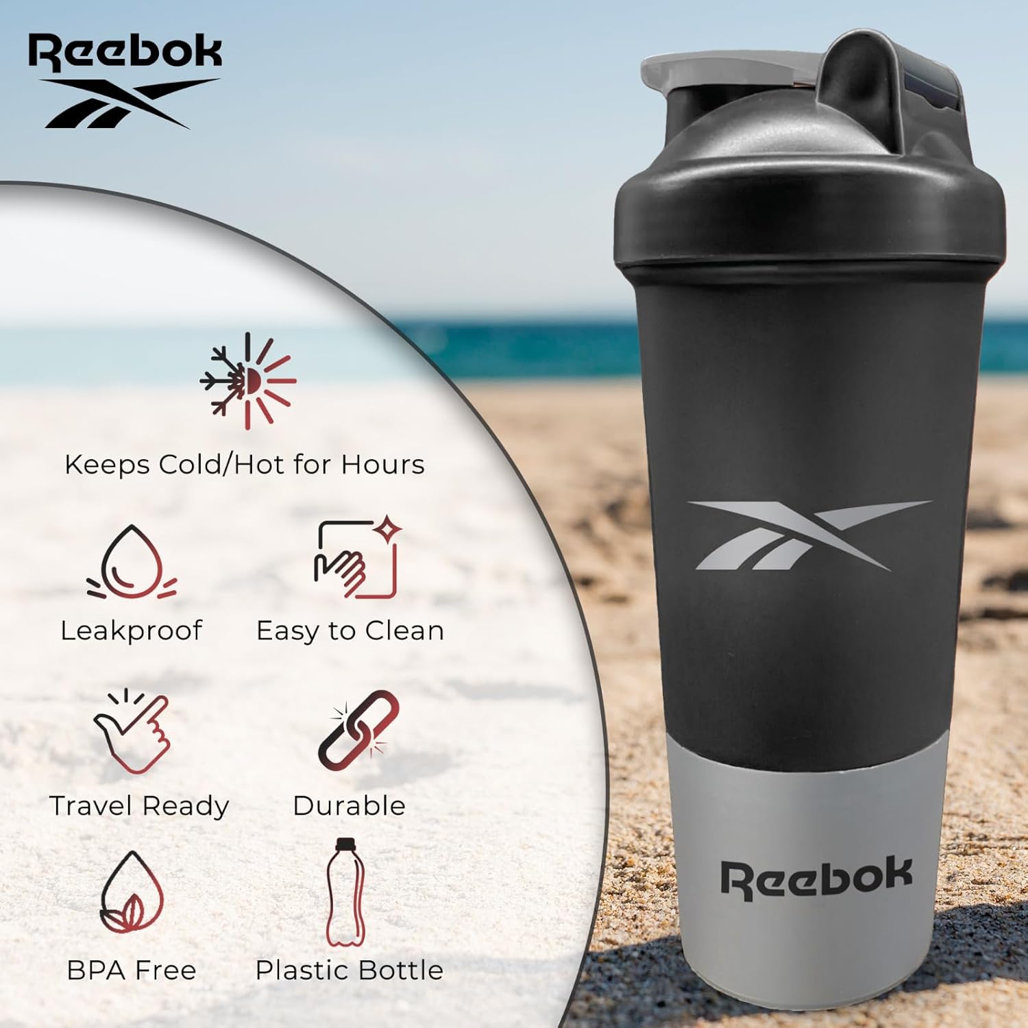 Reebok Botella agitadora con diseño atlético, botellas agitadoras de 17 onzas, botella mezcladora de proteínas, botellas agitadoras para gimnasio,