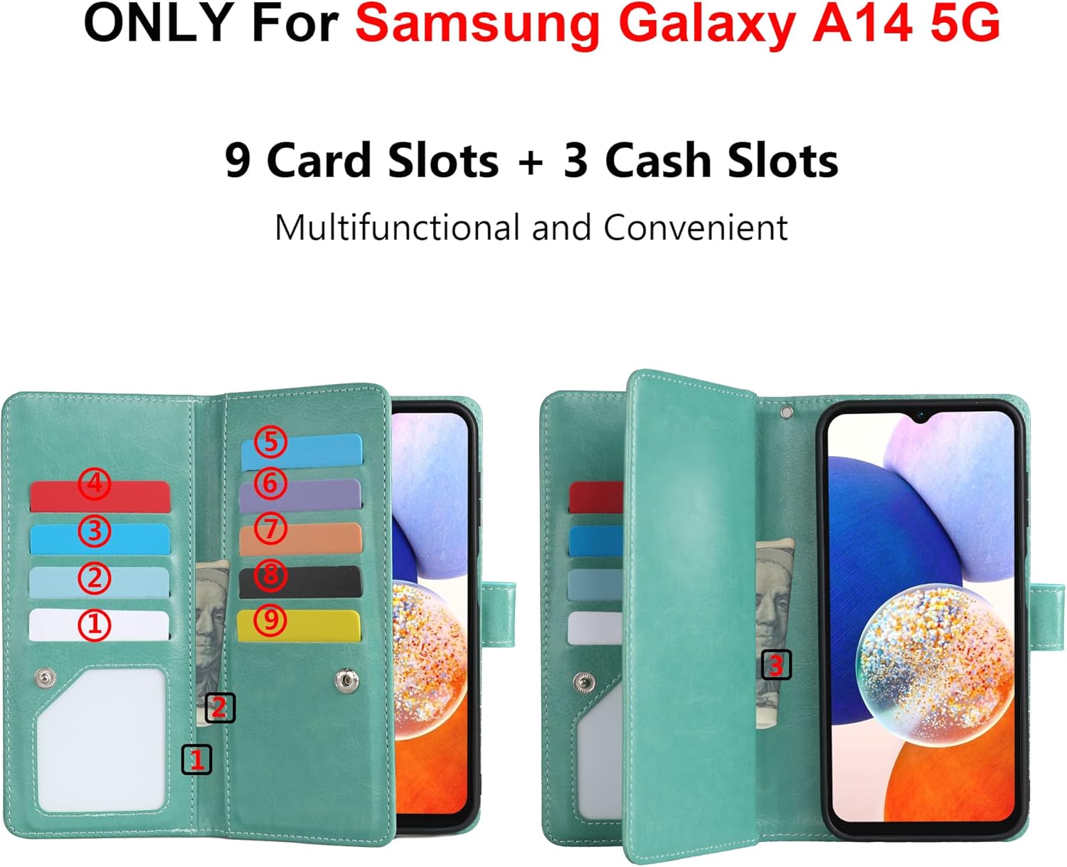 Varikke Funda para Samsung Galaxy A14 5G, magnética desmontable para Samsung A14 5G, cartera con tarjetero y correa de muñeca con purpurina de piel