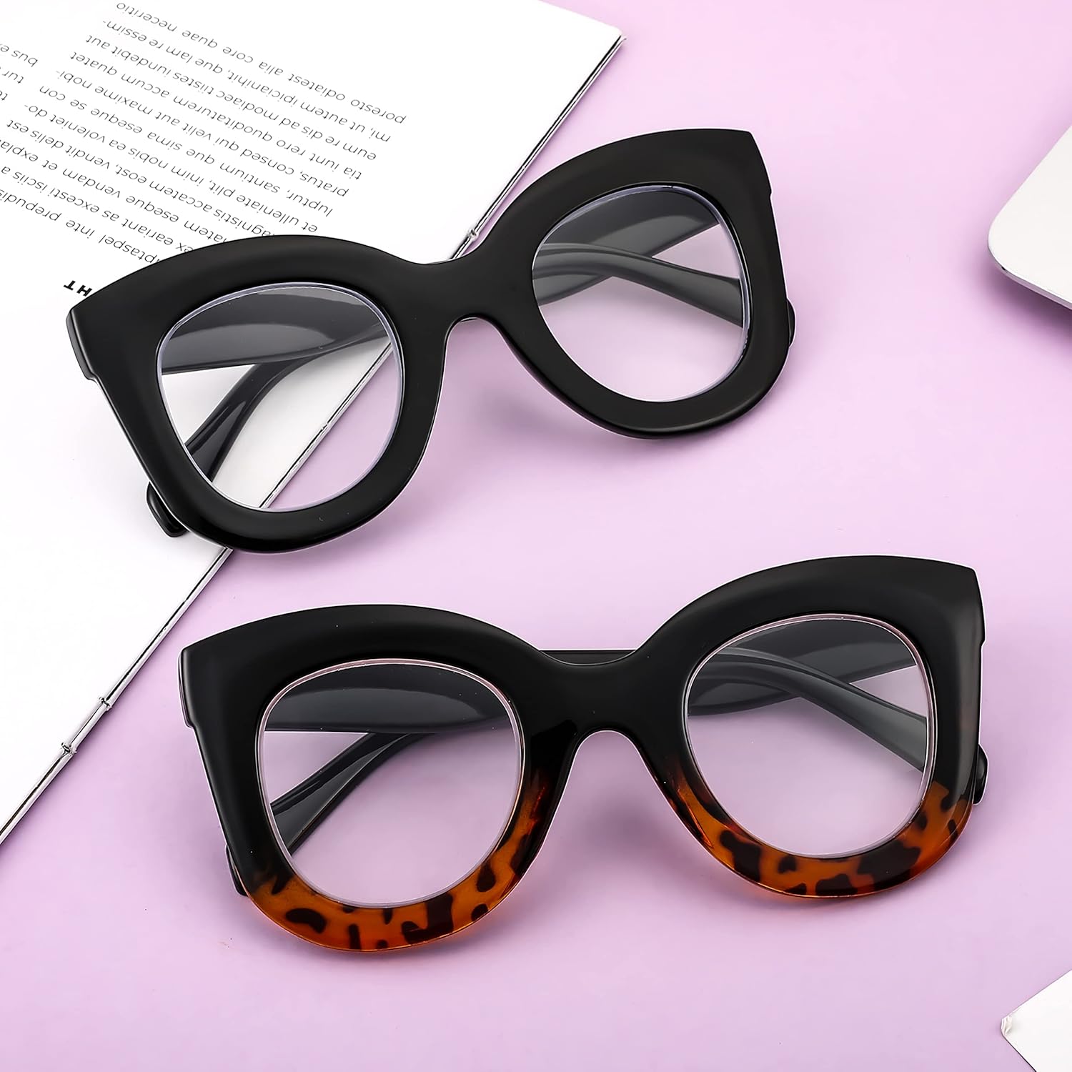 FEISEDY Gafas de lectura retro de gran tamaño con bloqueo de luz azul ojo de gato, marco grueso, antirreflejos, lectores digitales antifatiga ocular