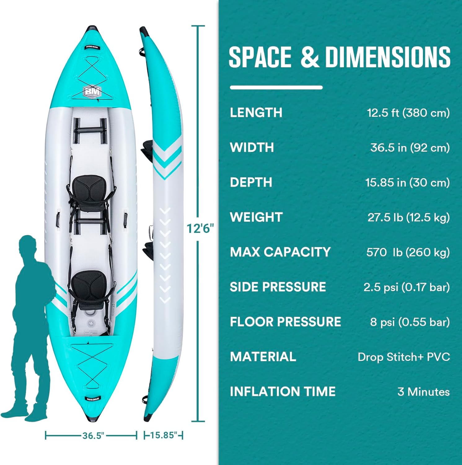 Kayak inflable para 2 personas para adultos  Kayak en tándem BEYOND MARINA con piso de puntada caída, kayak de turismo con paletas de aluminio,