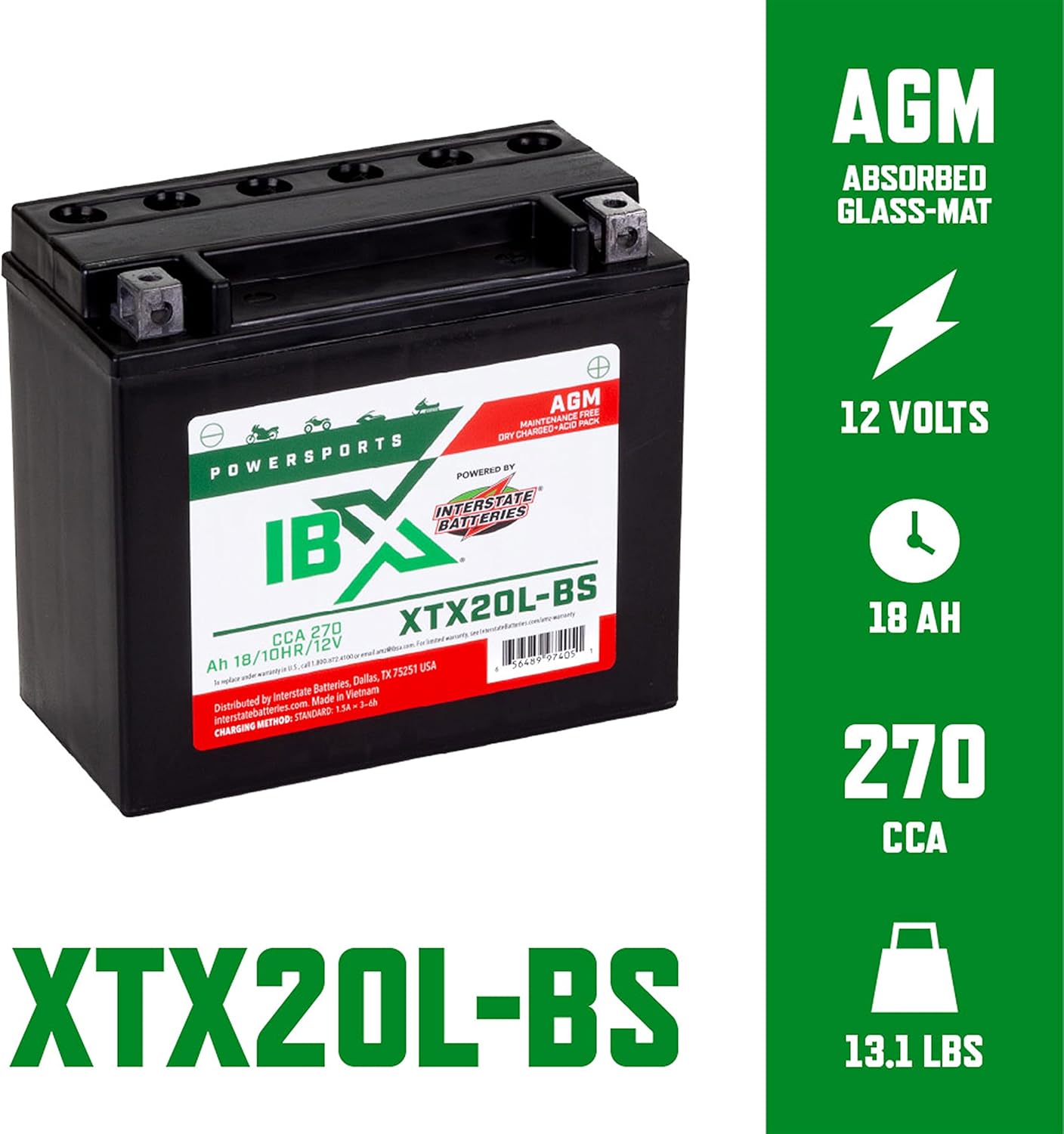 Interstate Batteries YTX20L-BS Powersports – Batería y cargador de 12 V, 1.2 A (paquete), batería AGM de 12 V 18 Ah para motocicletas, cuatrimotos,