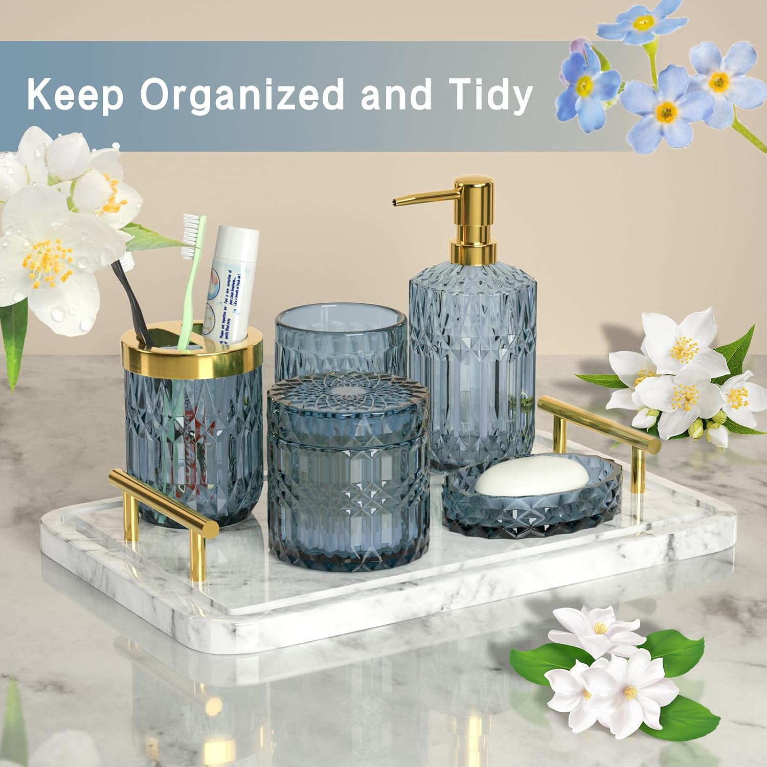 Juego de 5 accesorios de baño azules, modernos accesorios de baño de vidrio con dispensador de jabón de loción, jabonera, soporte para cepillos de