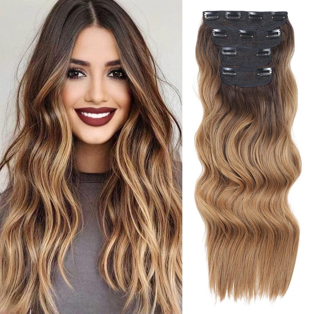 4 extensiones de cabello con clip de 20 pulgadas, extensiones de cabello sintético grueso con clip, para mujer (marrón chocolate degradado a rubio