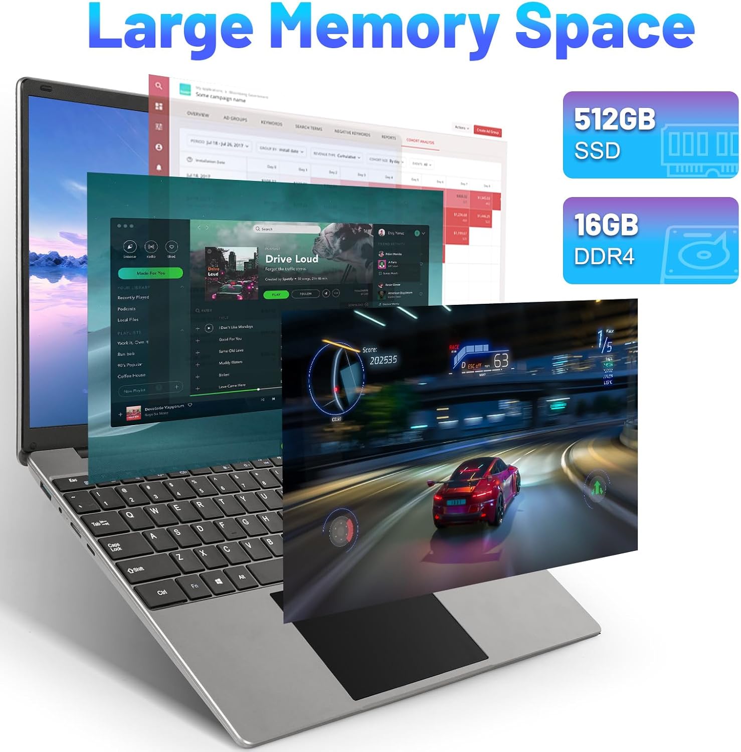 Computadora portátil de 15.6″, computadora portátil tradicional, 16 GB DDR4 512 GB SSD, pantalla FHD 1080P, procesadores Intel Celeron N5095, WiFi