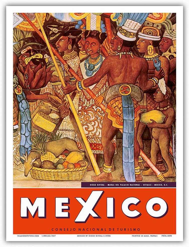 México – Azteca indios – Detalle del mural – Palacio Nacional (Palacio Nacional) – Ciudad de México – Póster de viaje vintage por Diego Rivera