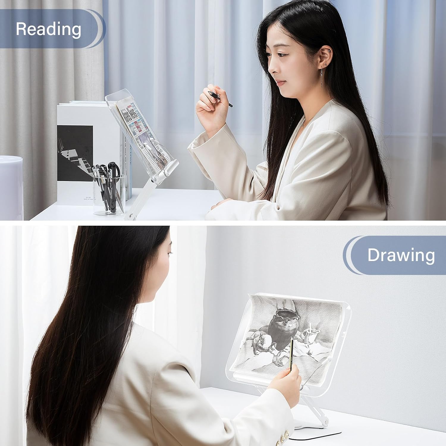 Soporte de acrílico para lectura, soporte ajustable para libros con base giratoria de 360 y clips elásticos para páginas, soporte elevador de