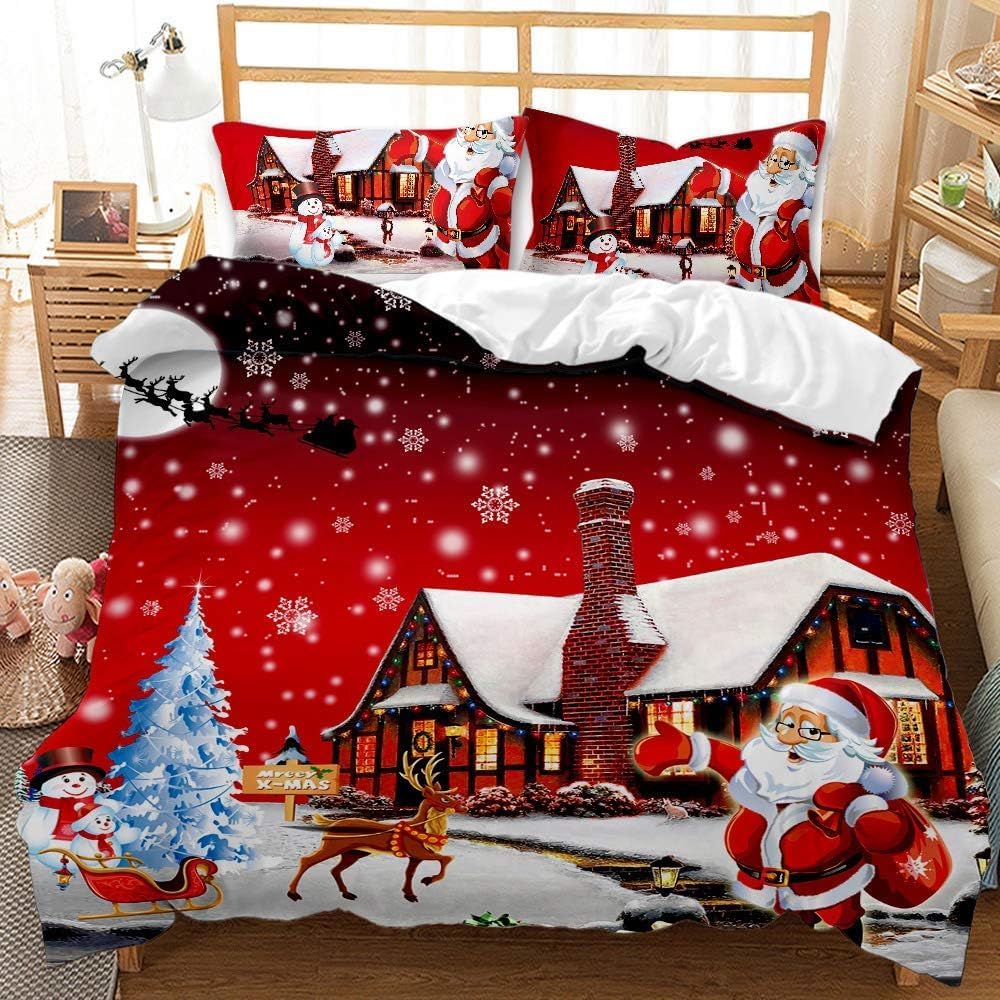 Juego de ropa de cama de 3 piezas de ropa de cama de Navidad tamaño matrimonial, color rojo, Papá Noel, muñeco de nieve, juego de ropa de cama de