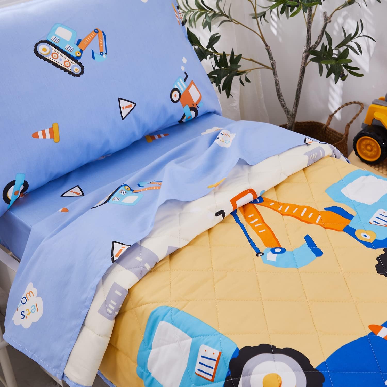 Brandream Juego de ropa de cama para niños pequeños, diseño de vehículos excavadores de construcción, cama de guardería en una bolsa, colcha de