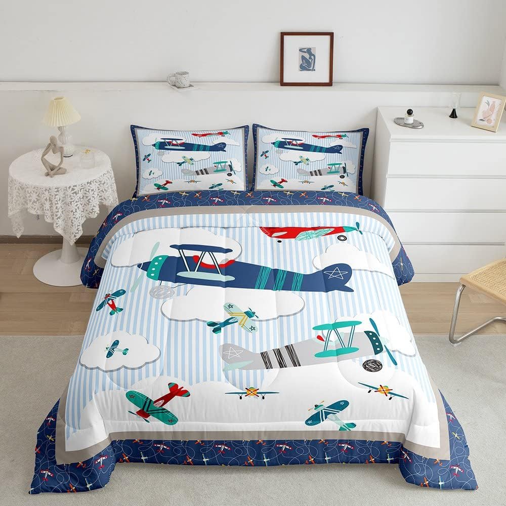 Juego de edredón de avión para niños, cielo azul y nubes blancas, juego de ropa de cama para niños, niñas, mujeres y adultos, edredón de aviones de