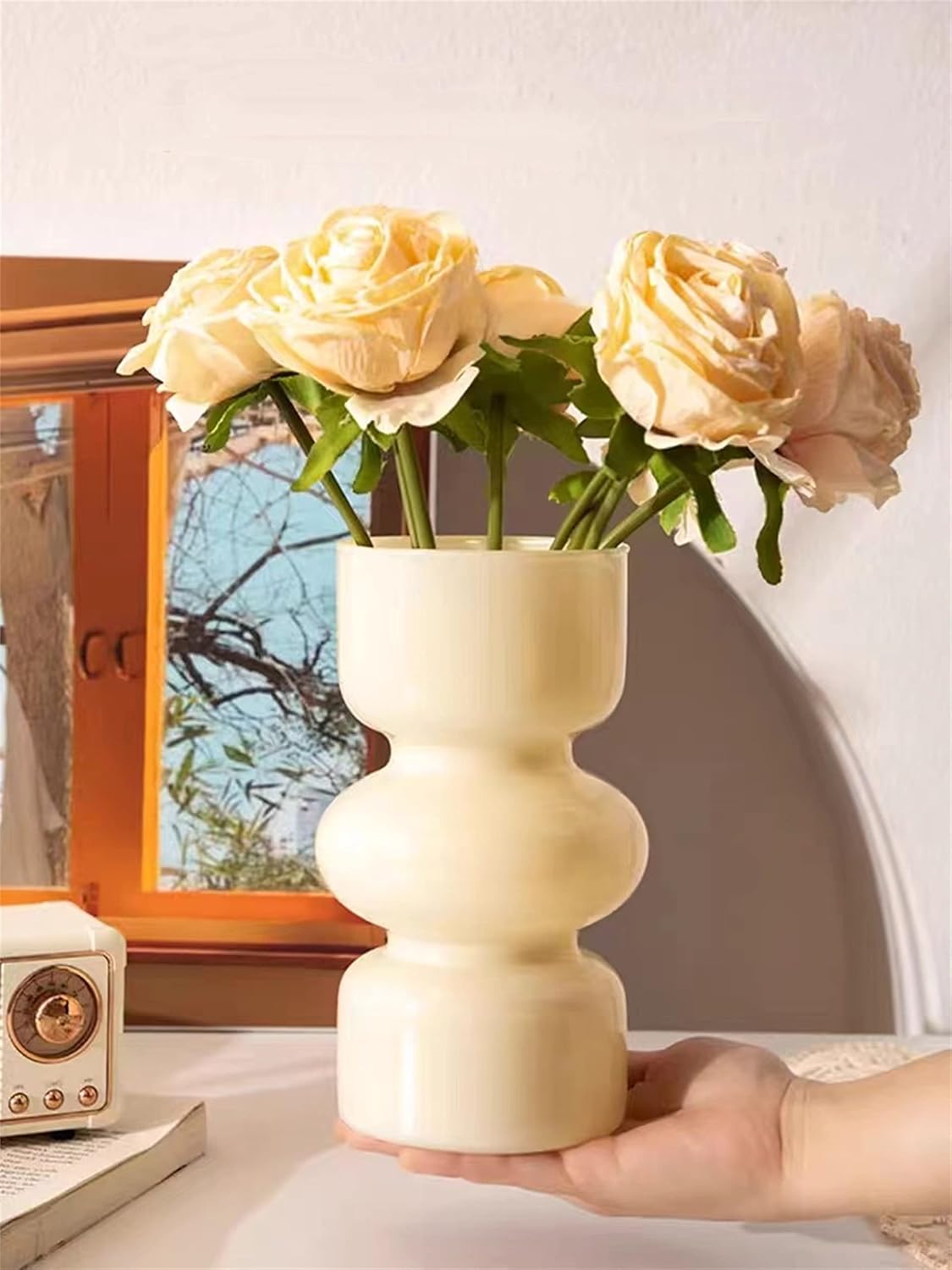 Florero hidropónico de vidrio, florero de burbujas de vidrio de color de 7 pulgadas de alto para flor, jarrón de vidrio funky de tres capas para el